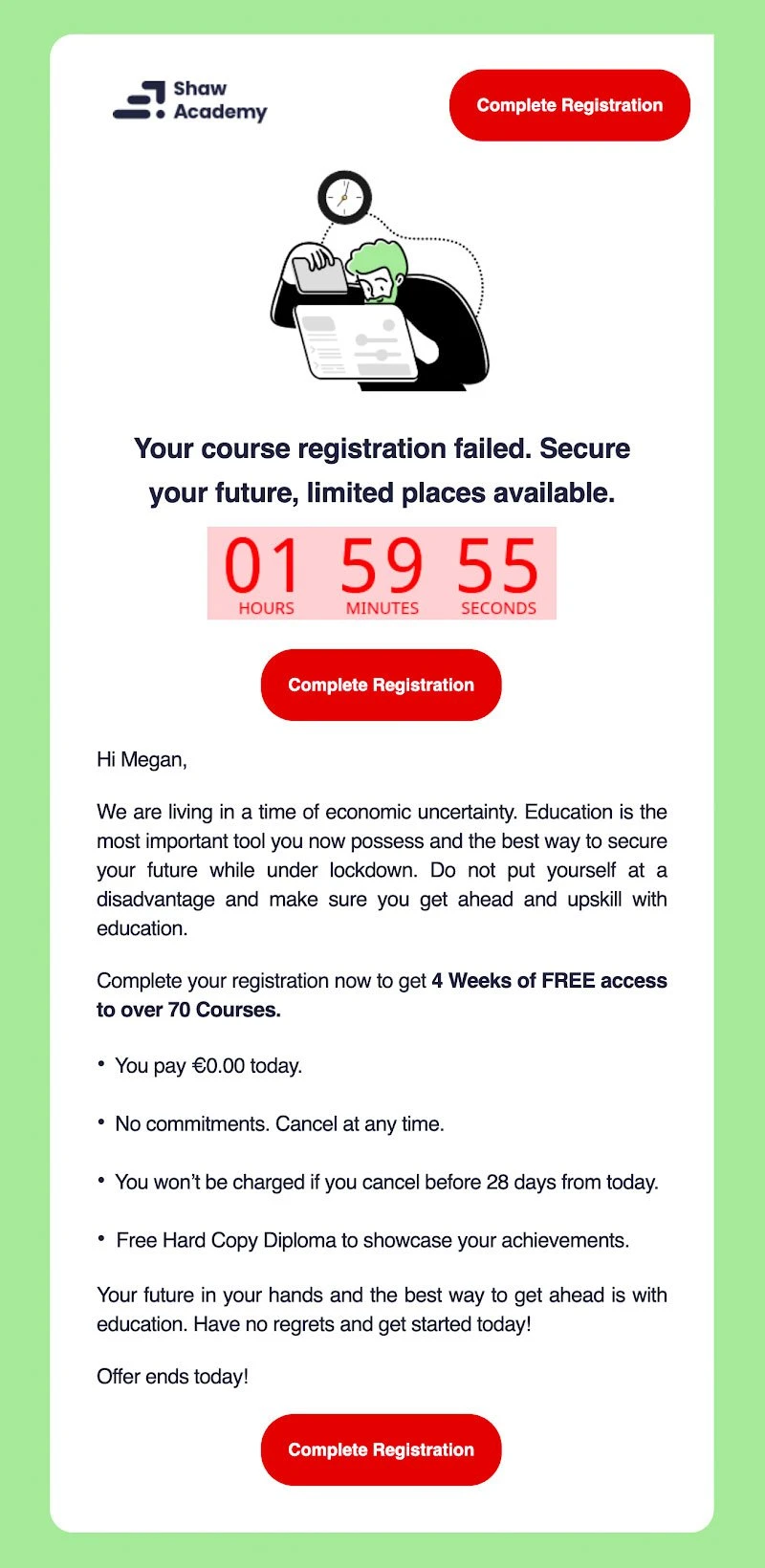 A registration reminded email example from Shaw Academy.