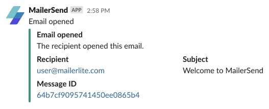 An example of email activity sent to Slack. 