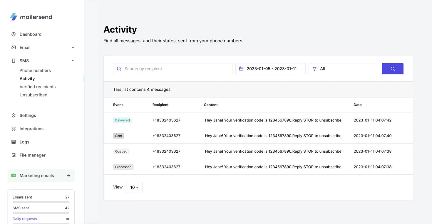 A view of the SMS activity page in MailerSend. 