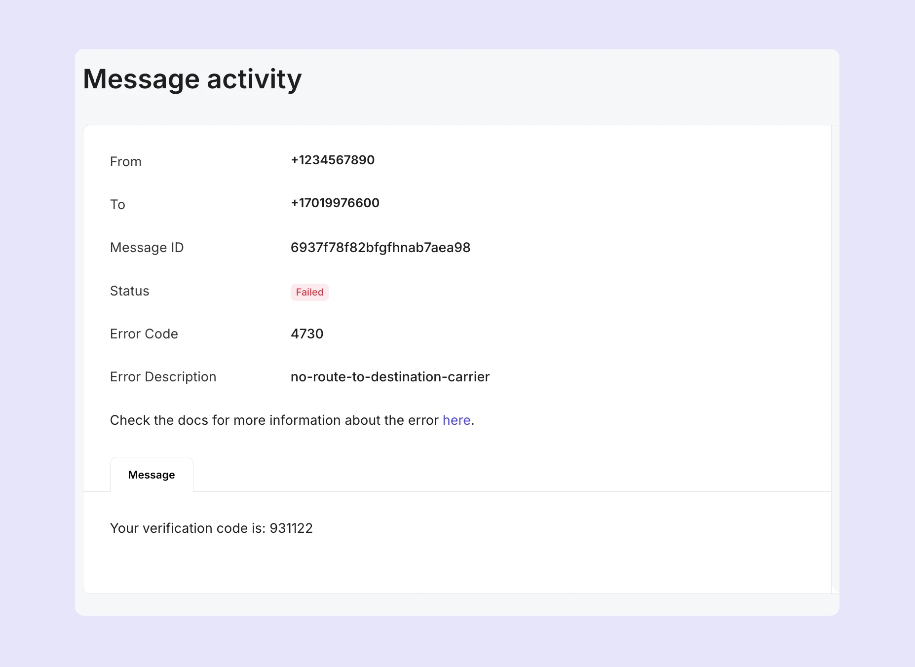 An example of SMS activity in MailerSend showing the error message and code.