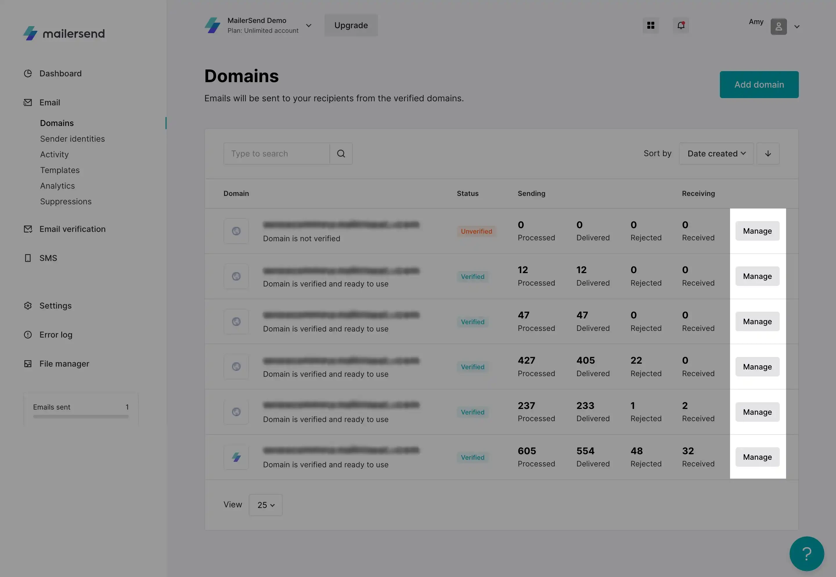 View of the domains page with the Manage button highlighted.