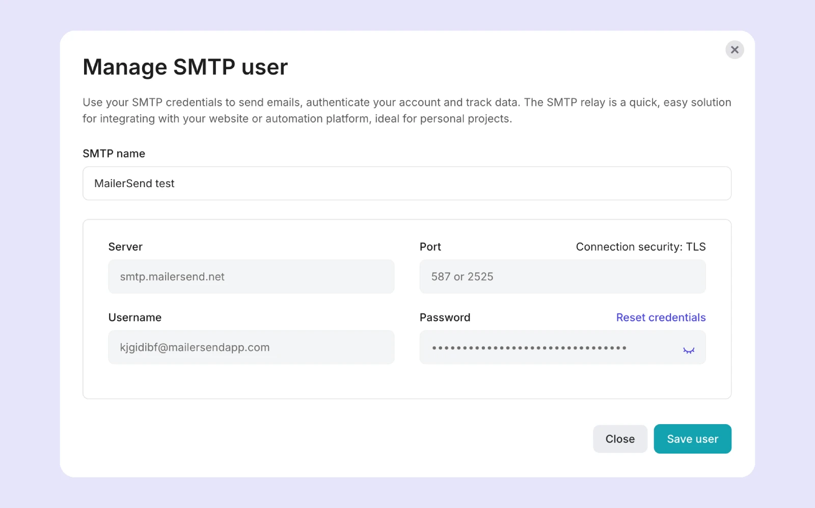 SMTP user credentials in MailerSend