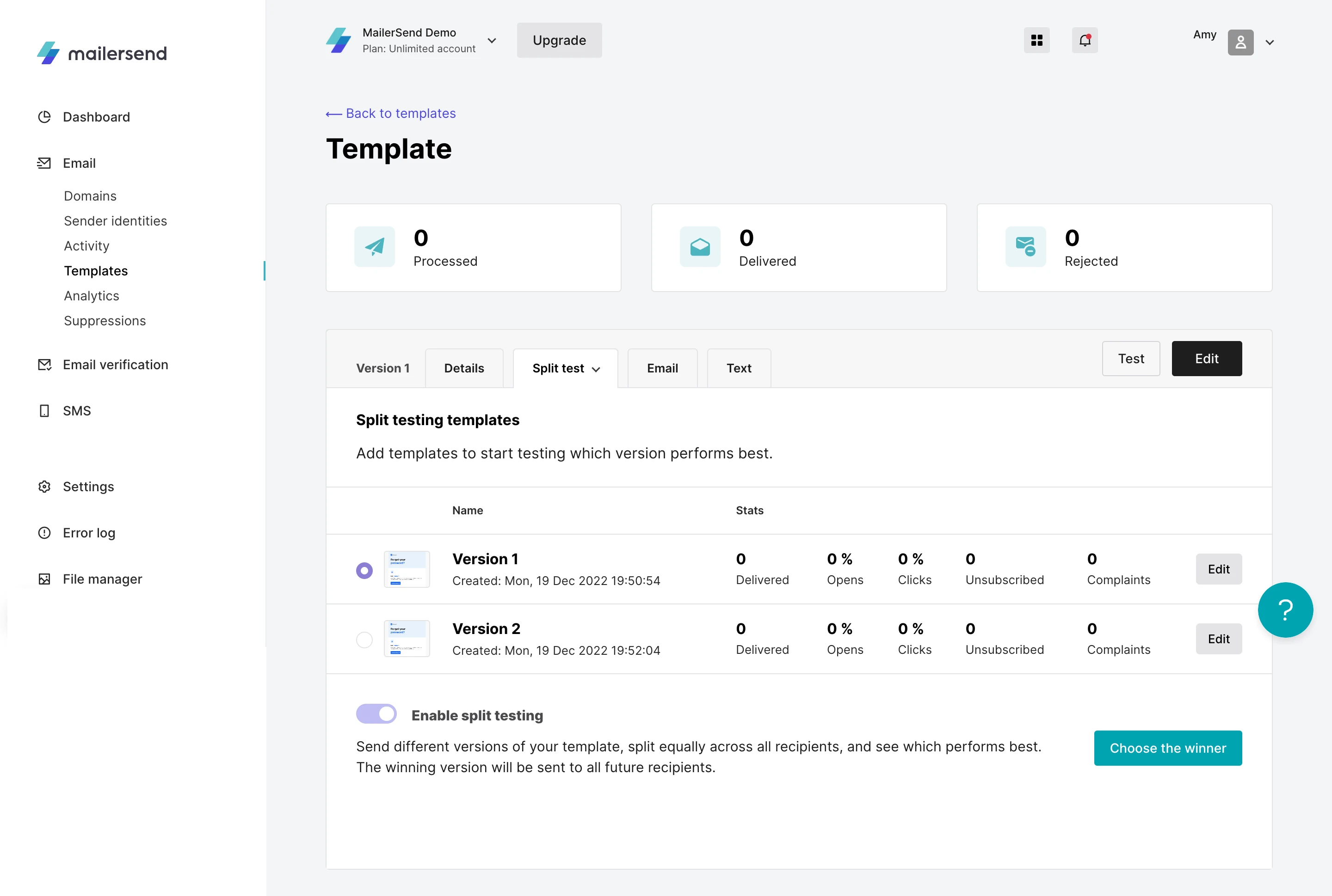 A screenshot of MailerSend's split testing feature.
