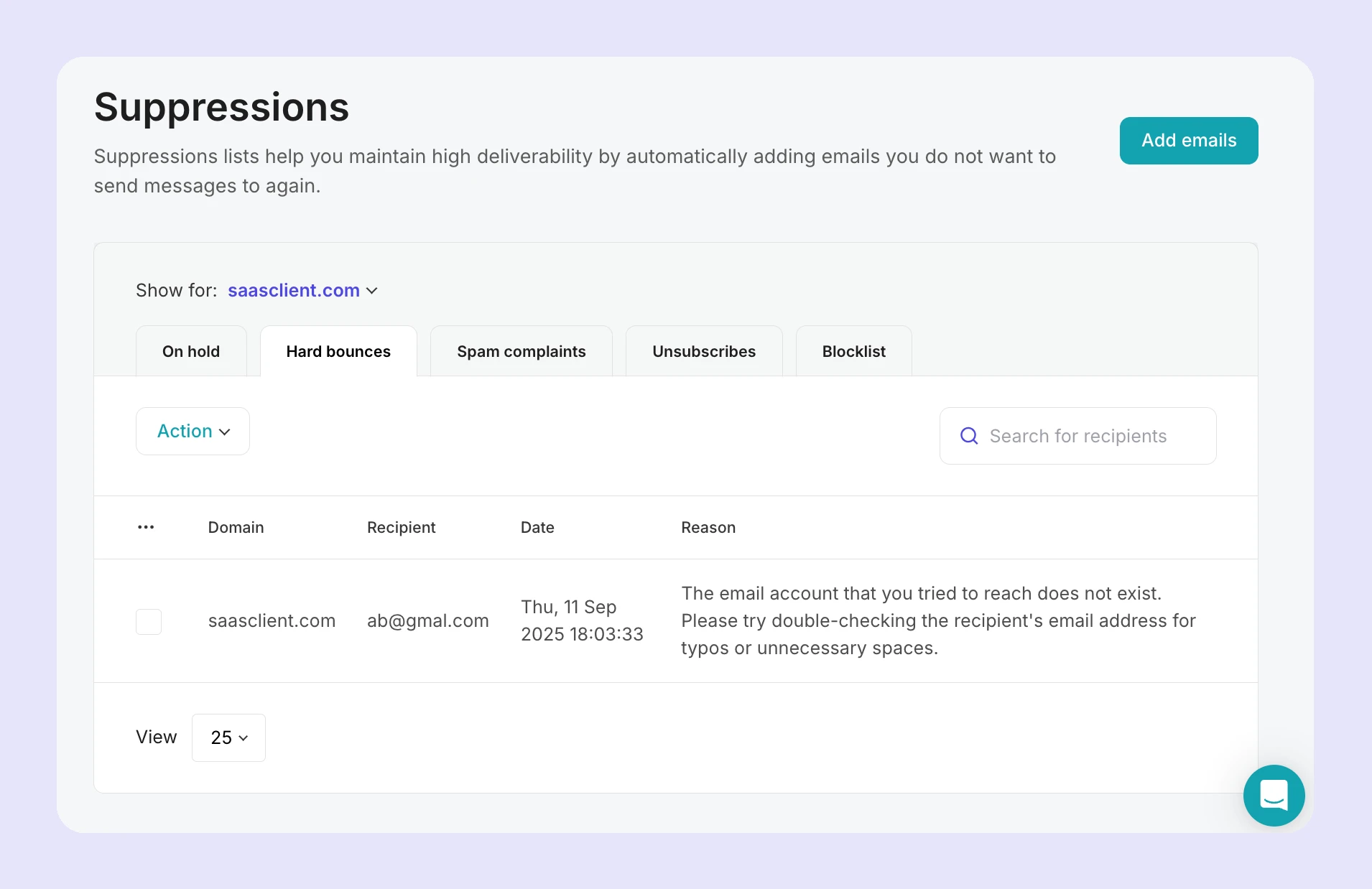 The Suppressions page in MailerSend. 
