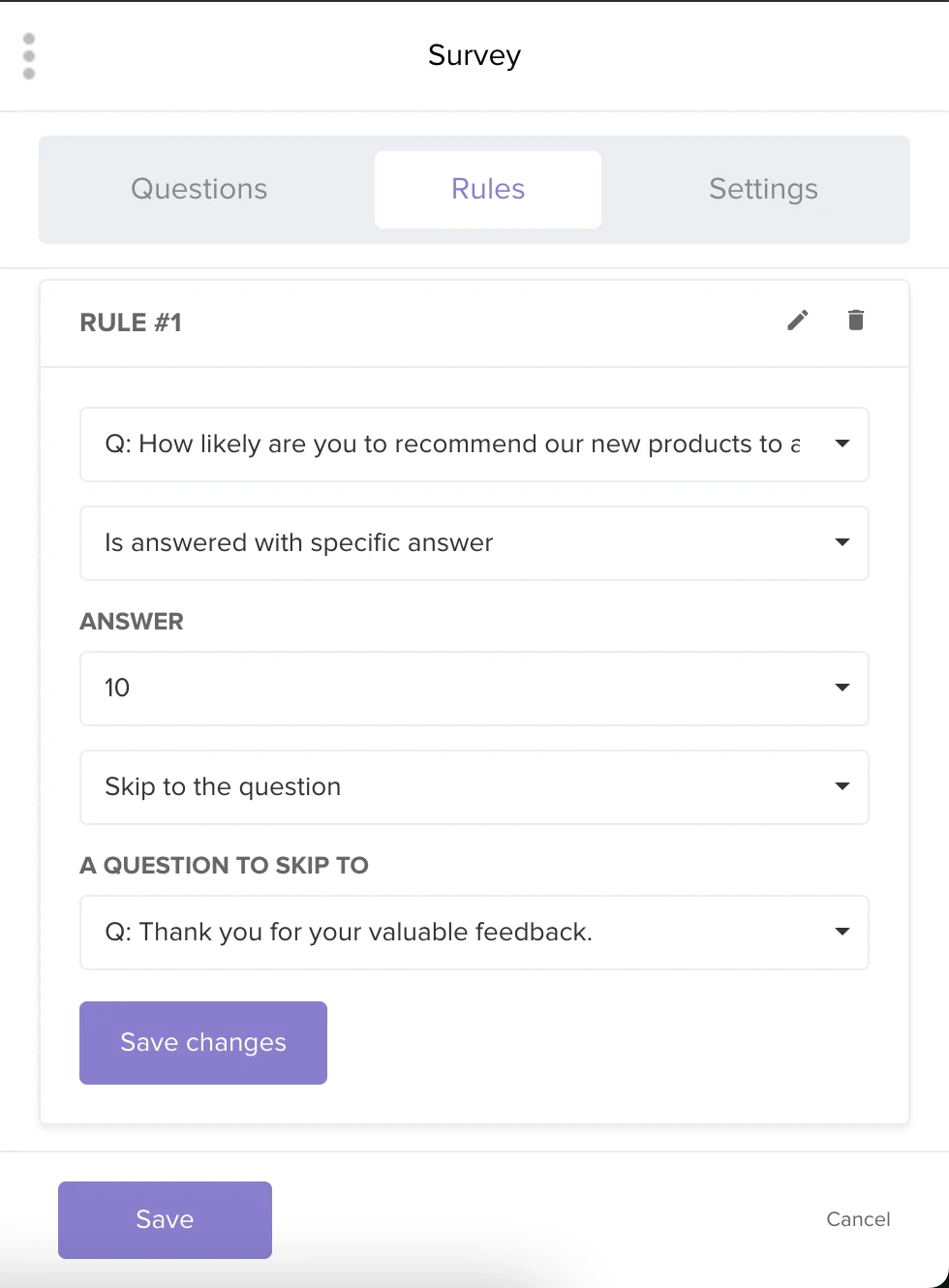 A view of the survey rules options in the MailerSend drag and drop editor.