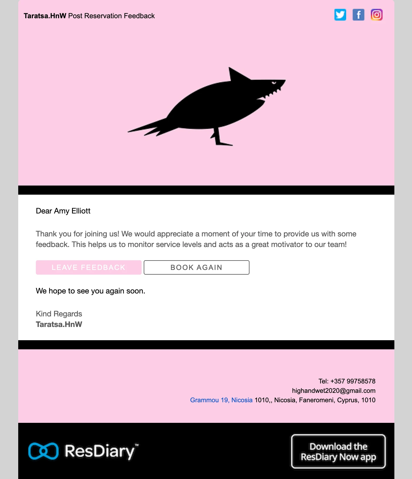 Example of a feedback request from a local bar after a reservation has been completed.