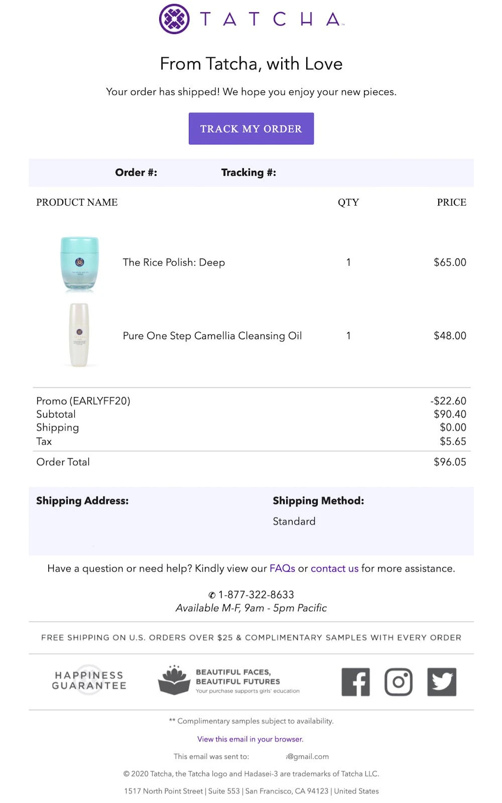 A shipping confirmation email example from Tatcha.