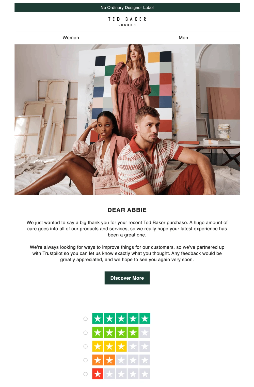 An example of a post-purchase survey email from Ted Baker.