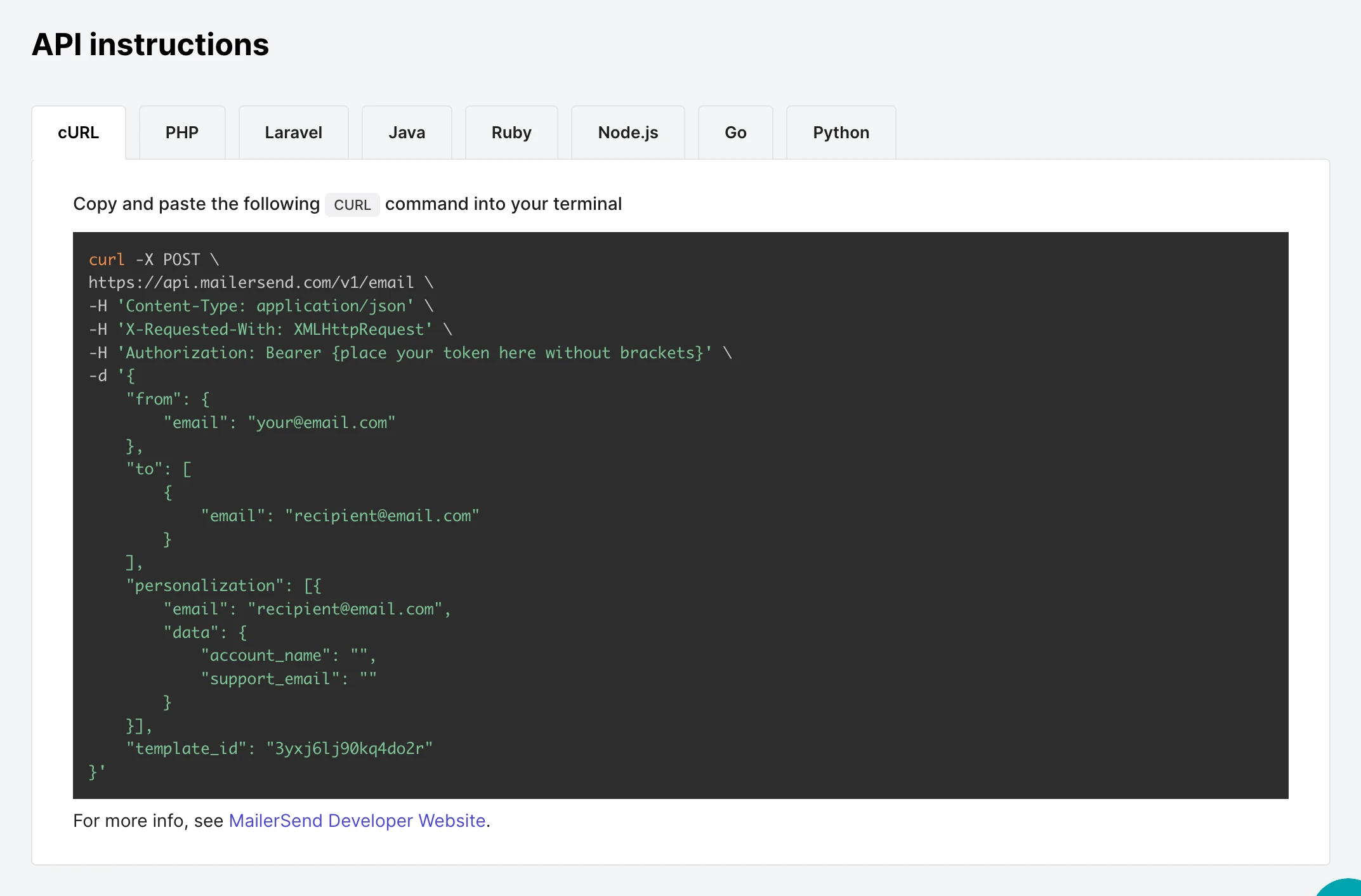 Sending instructions page