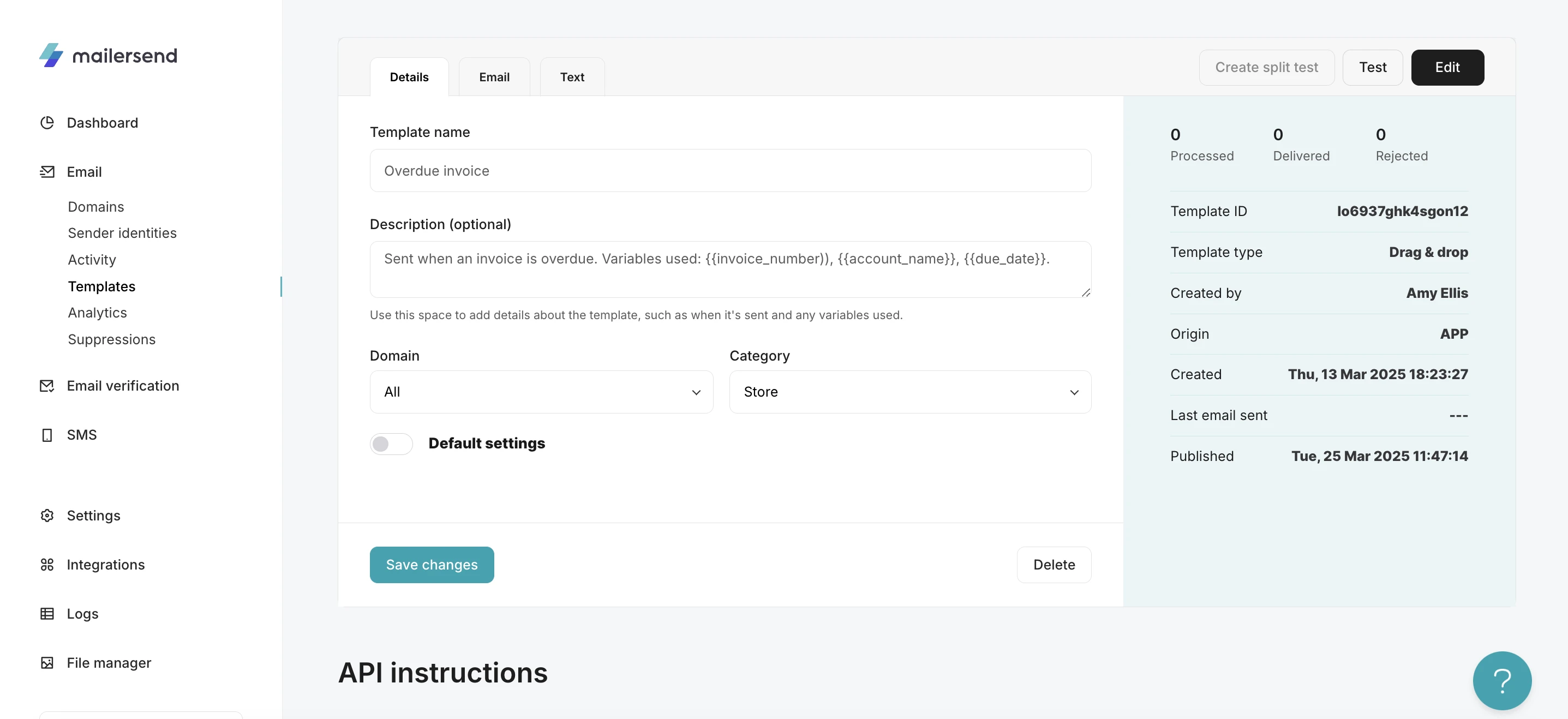 The template details tab with the template name and description filled in. 