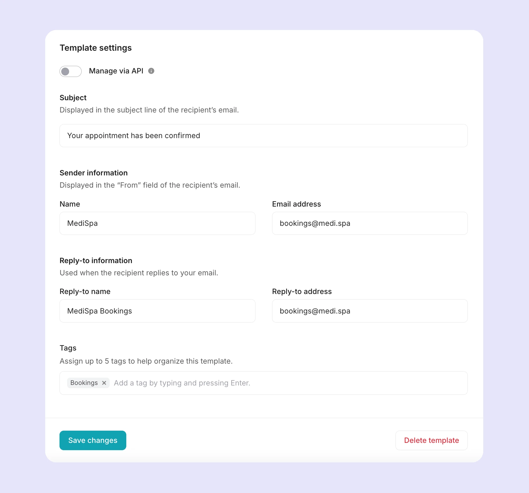 The template setting options in MailerSend.