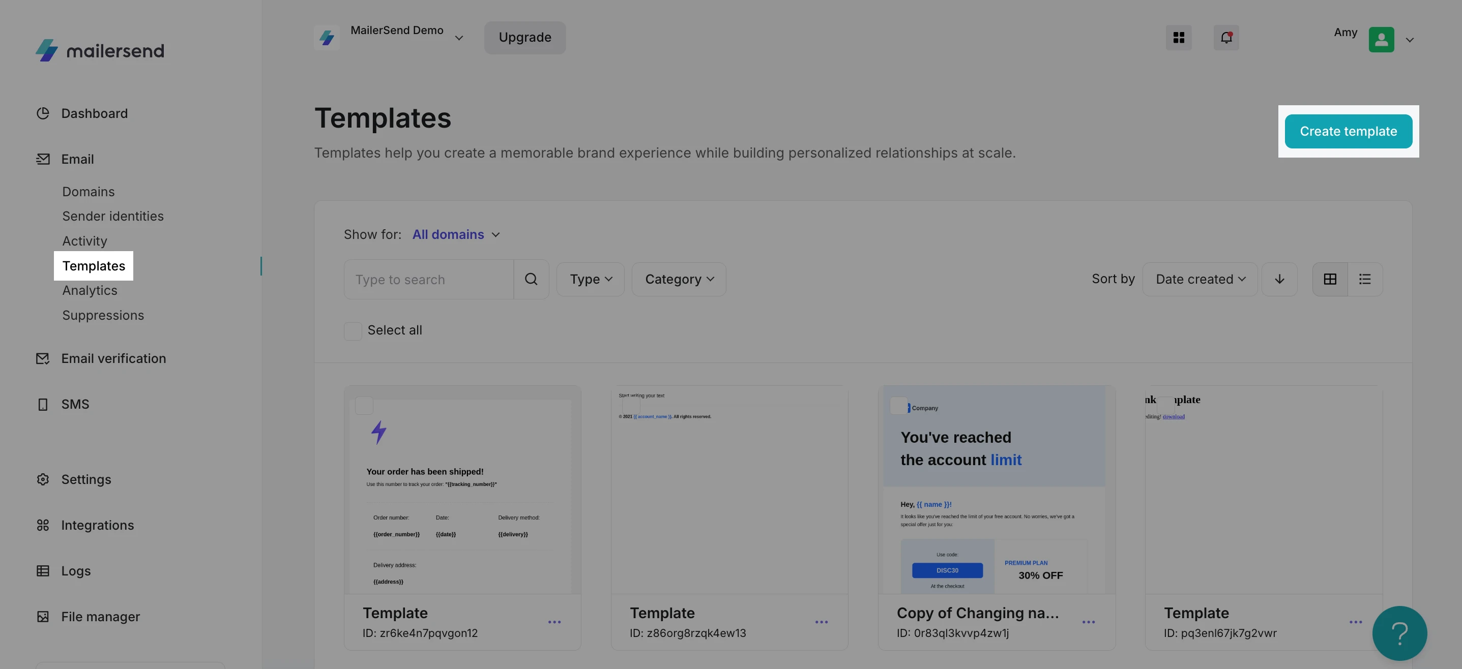 Templates page with button to create a template highlighted.