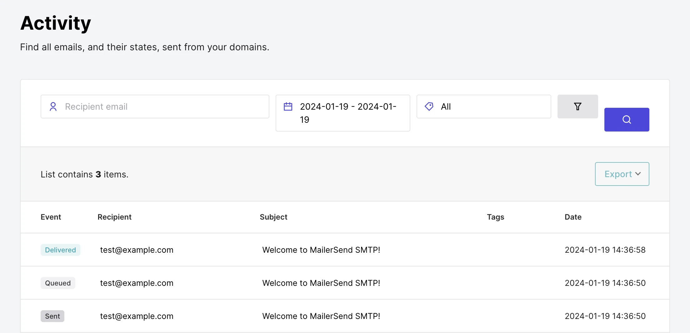 The Activity page in MailerSend showing the status of the test email. 