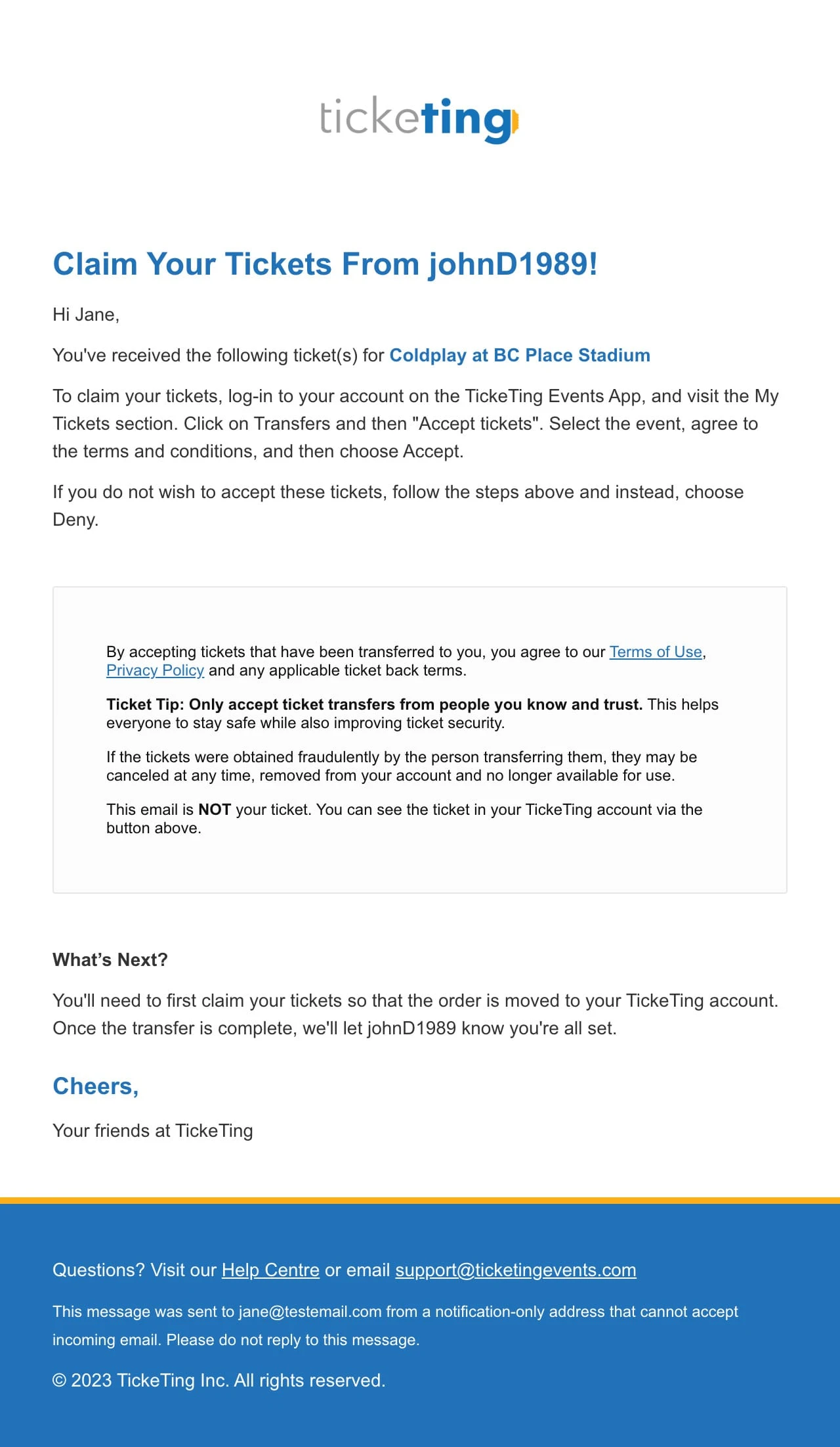 An event booking confirmation email example from TickeTing.