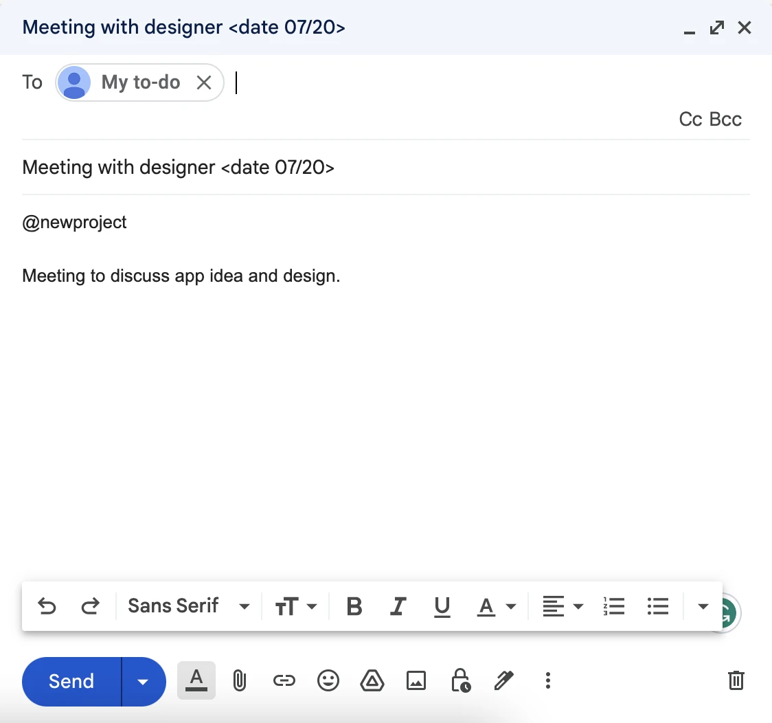Example of an email sent to Todoist to create a task.