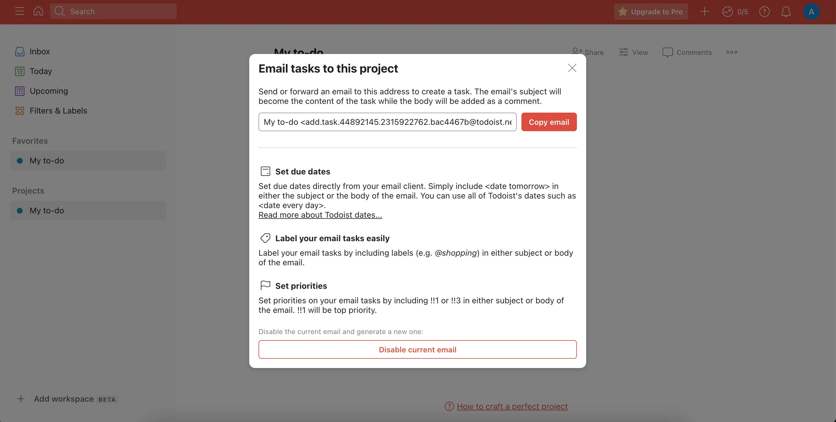 Todoist app with the ability to email tasks to a project.
