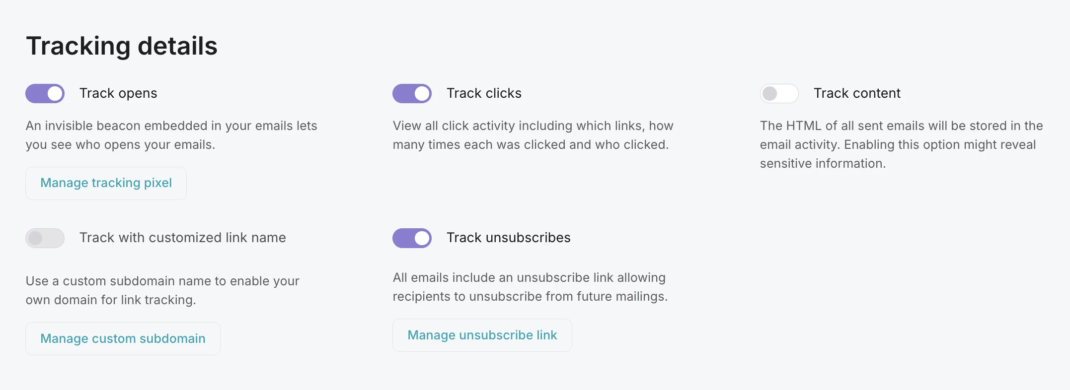 Tracking options for domains in MailerSend.