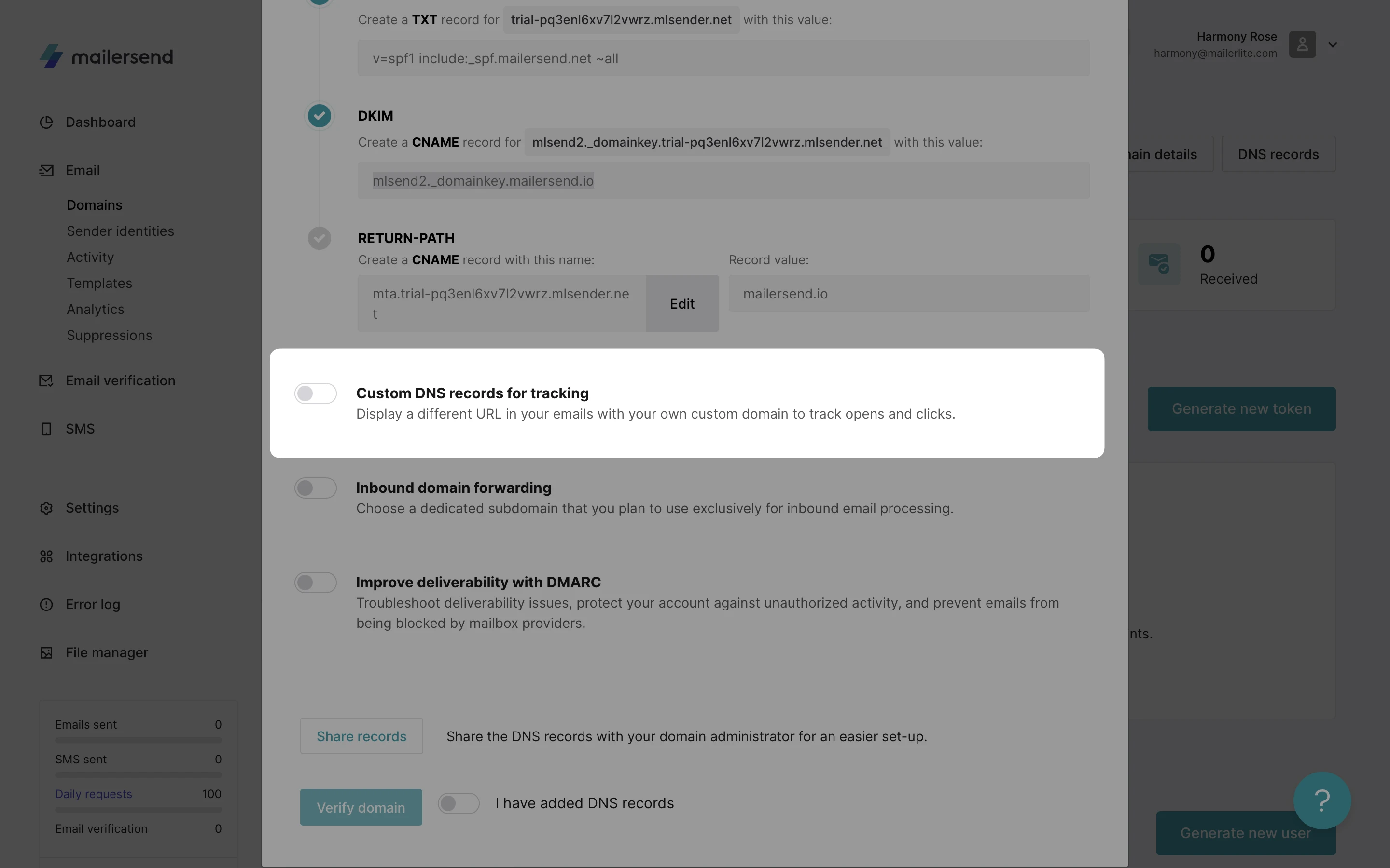 Edit custom DNS records in MailerSend