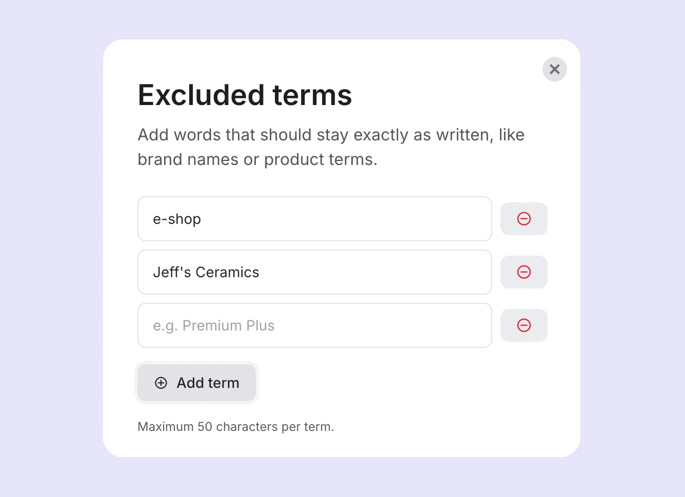 Excluded terms in the template translations tab. 