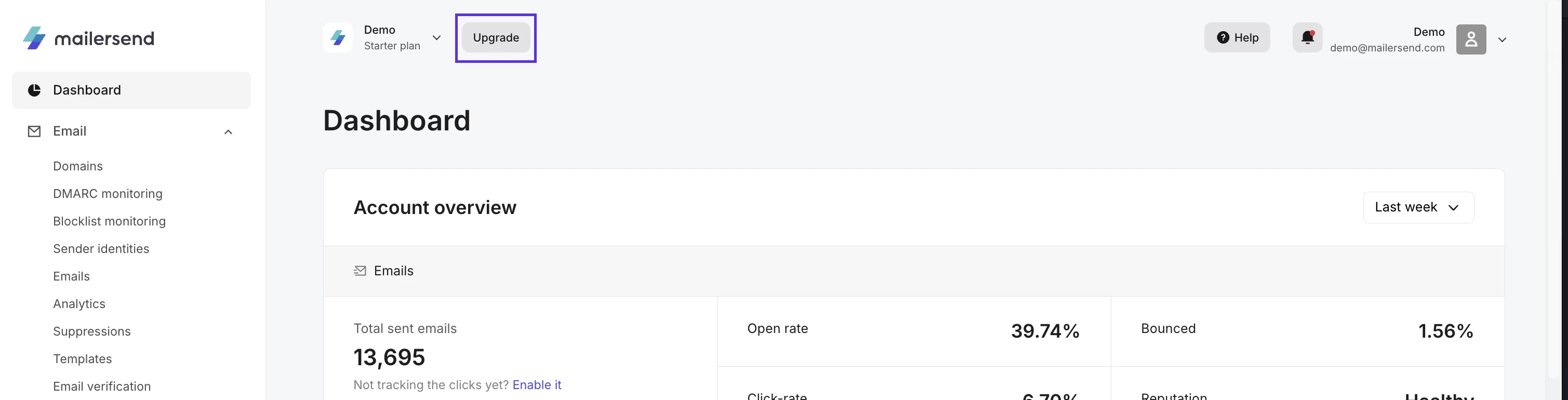 The MailerSend dashboard with the Upgrade button highlighted.