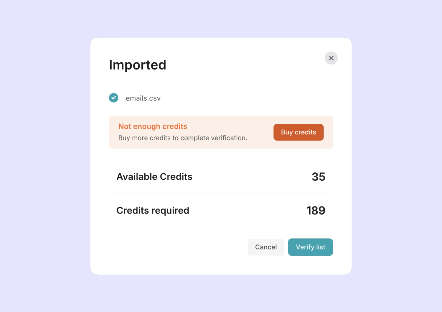Imported list modal with number of available credits.