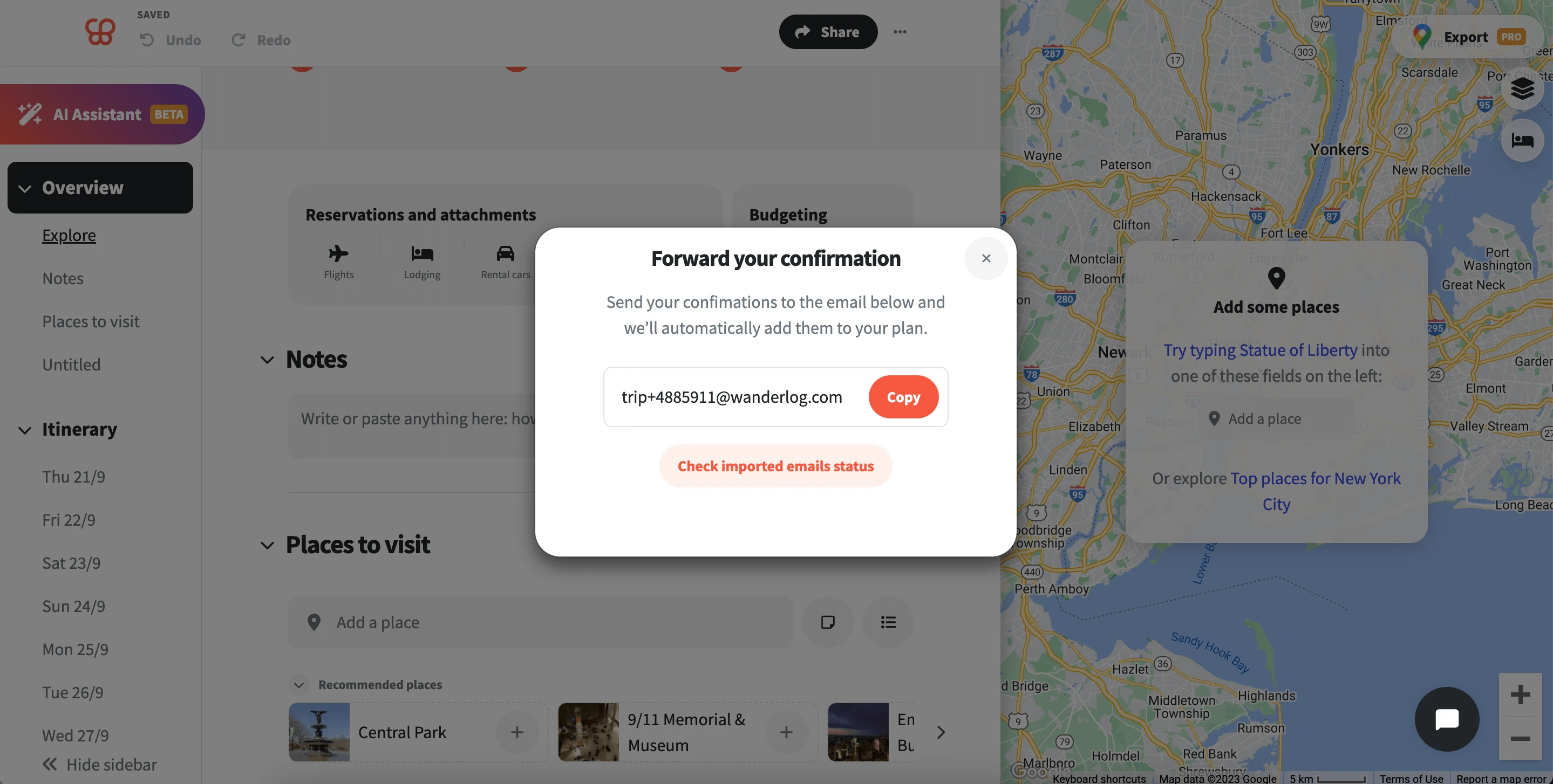 Wanderlog inbound forwarding email address.