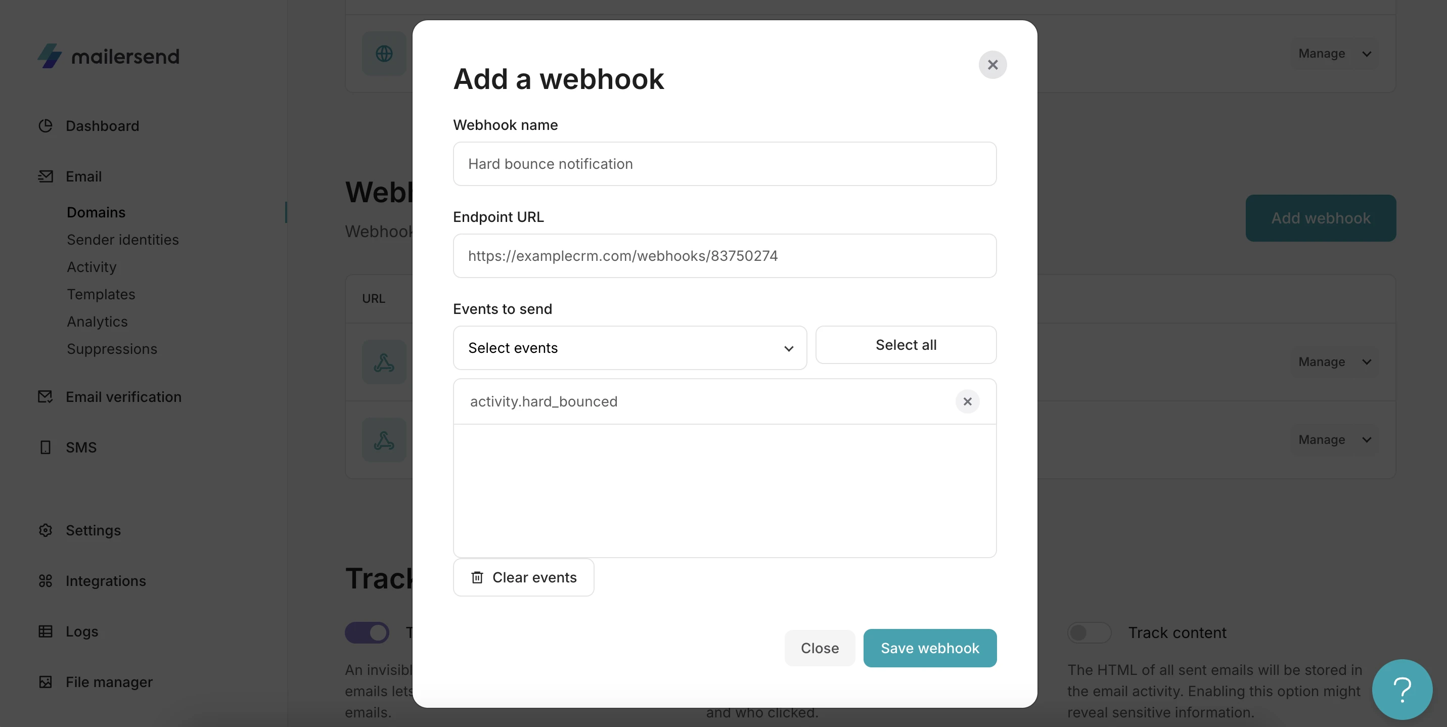 Add a webhook dialogue box