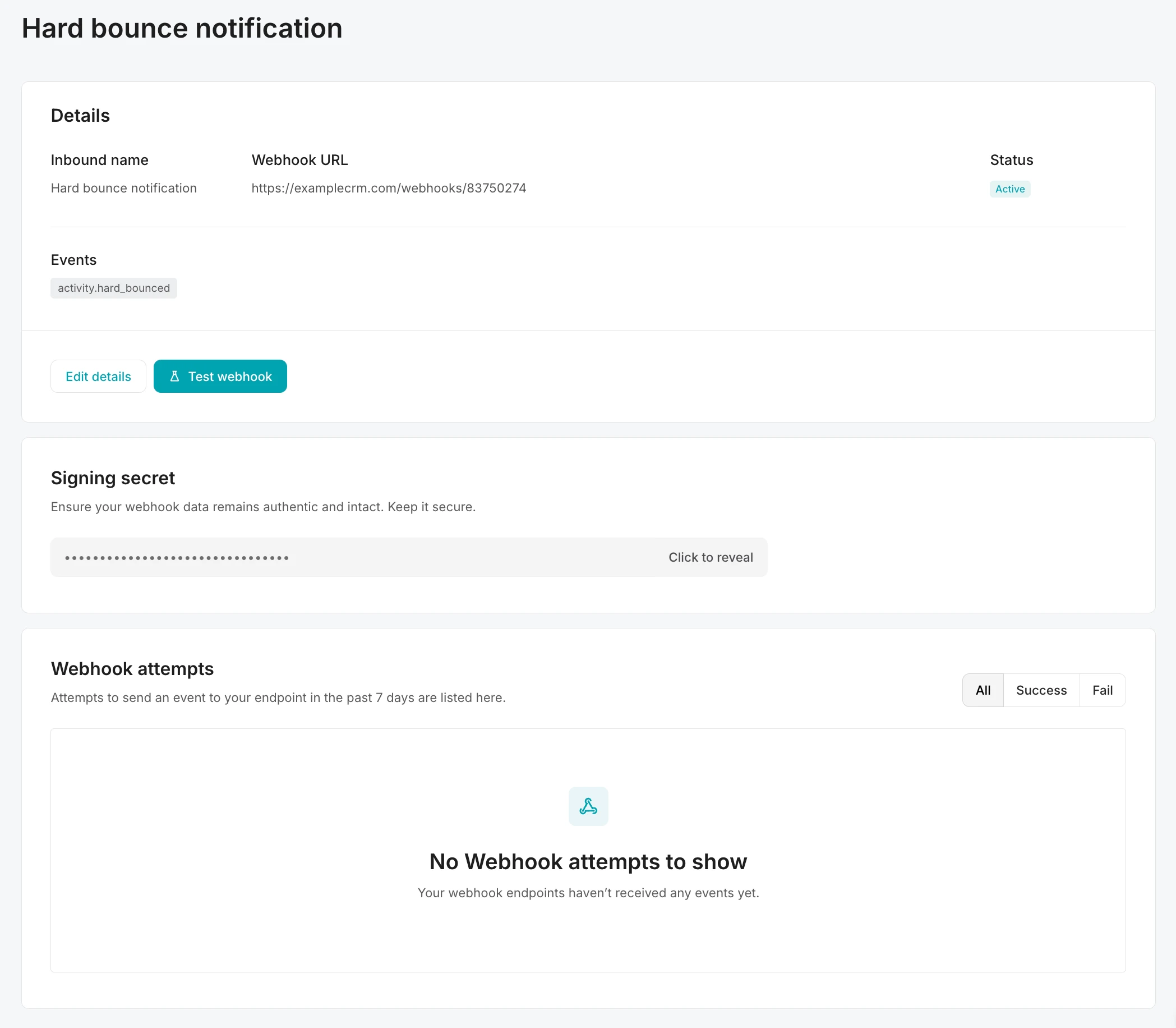 Webhook details and signing secret.