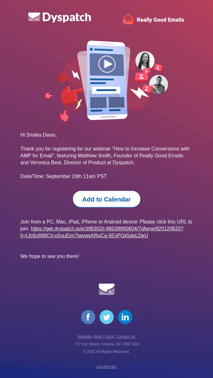 Example of a webinar confirmation email from Dyspatch courtesy of Really Good Emails.