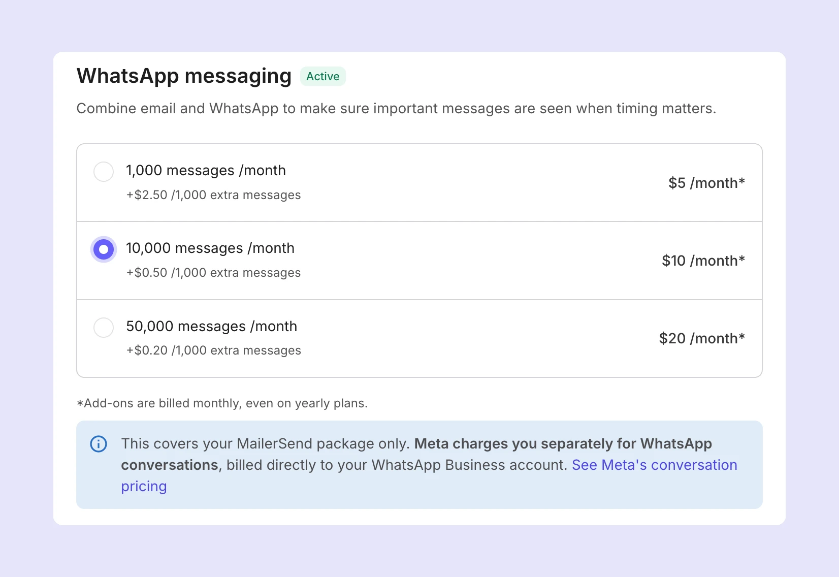 The WhatsApp add-on package selector on the Add-ons page.