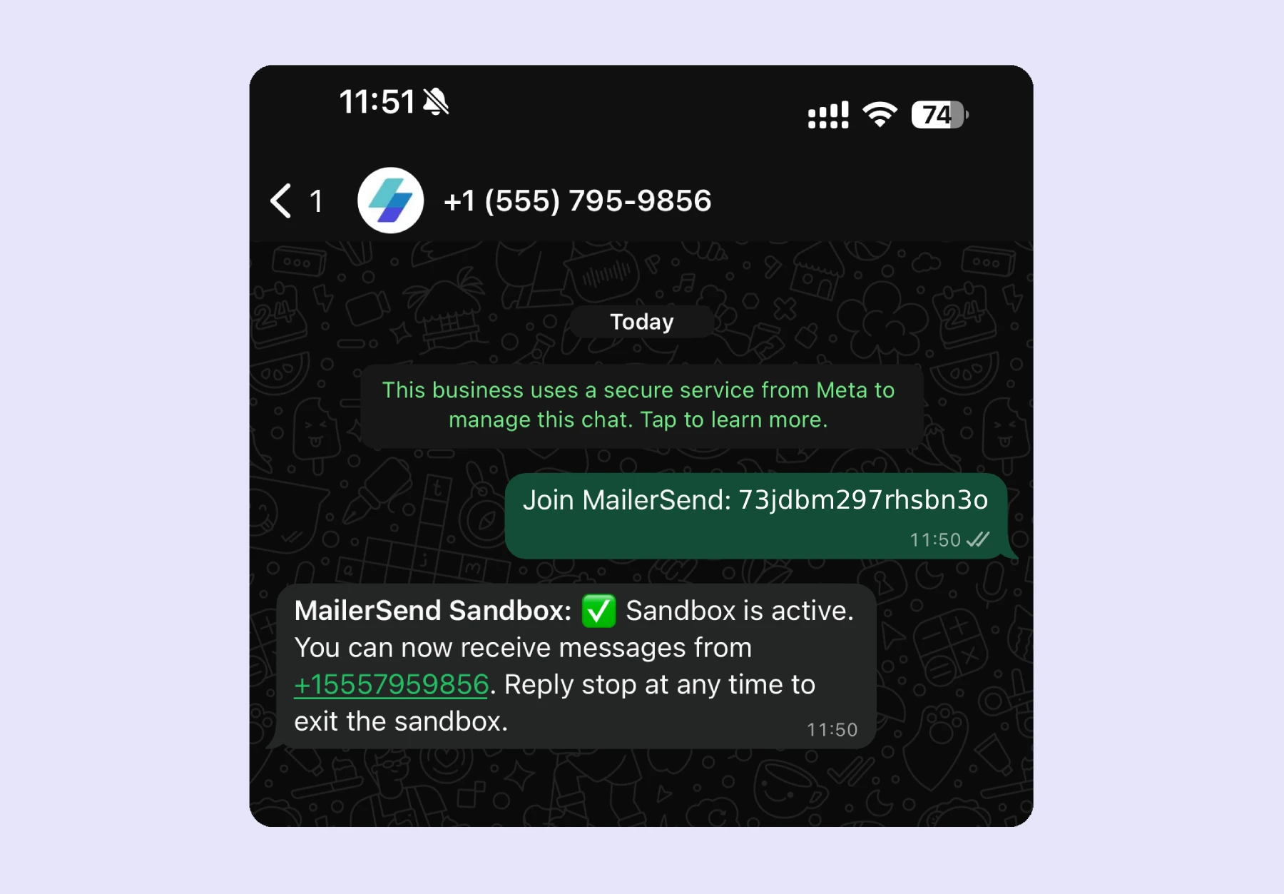 An example of the connection message and confirmation of WhatsApp account connection.
