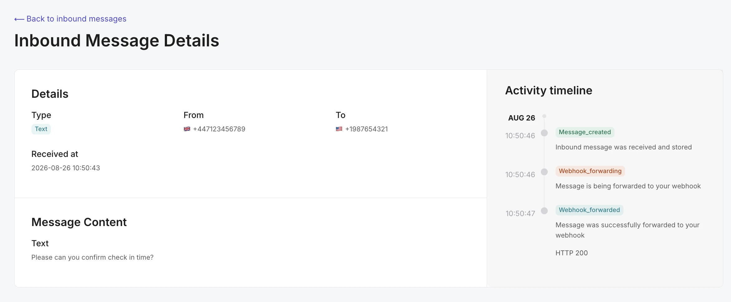 WhatsApp Inbound Message Details page showing message content and an activity timeline confirming successful webhook delivery with an HTTP 200 response.
