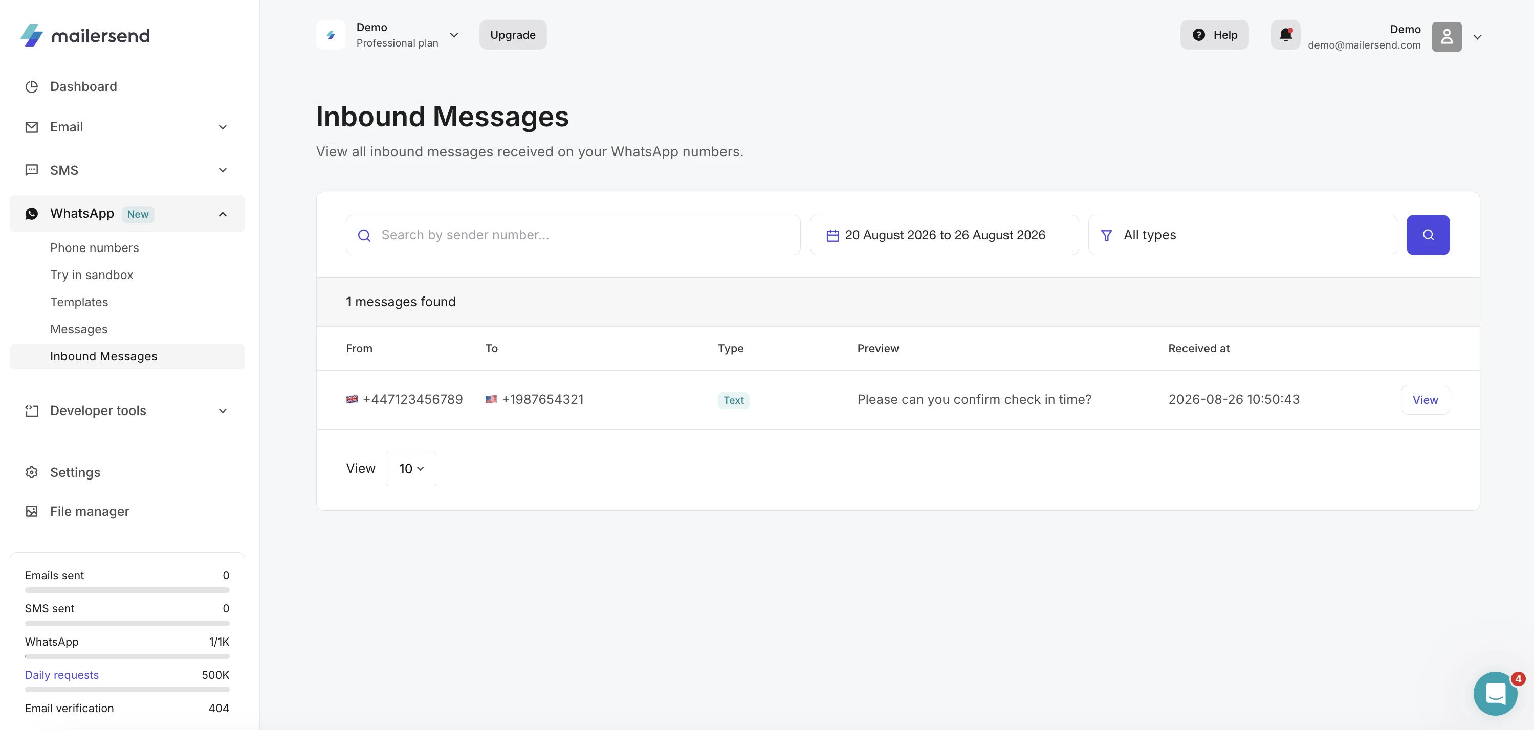 WhatsApp Inbound Messages page in MailerSend listing one received WhatsApp text message, with search, date range, and type filters at the top.