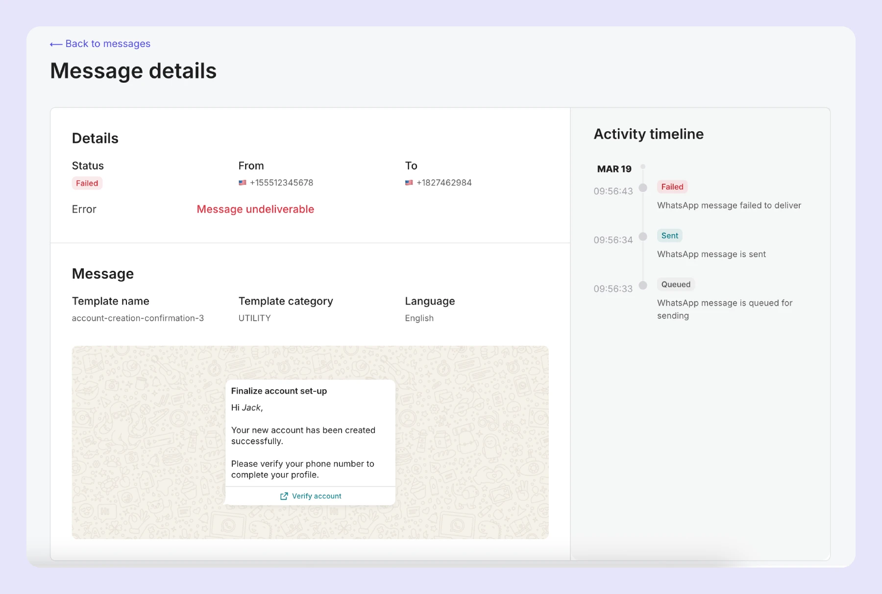 The activity page with full details for a single WhatsApp message.