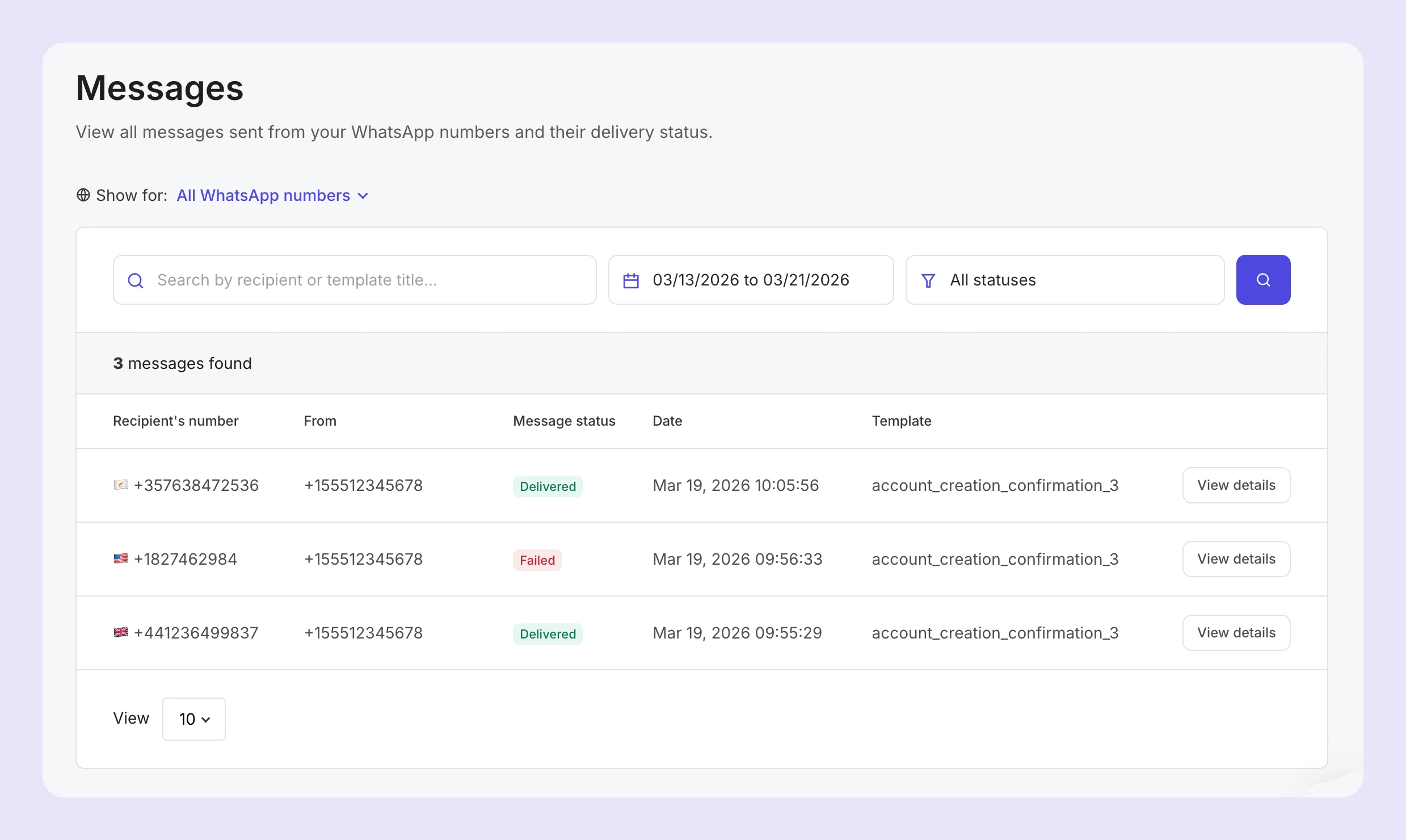 A view of the WhatsApp Activity page in MailerSend. 