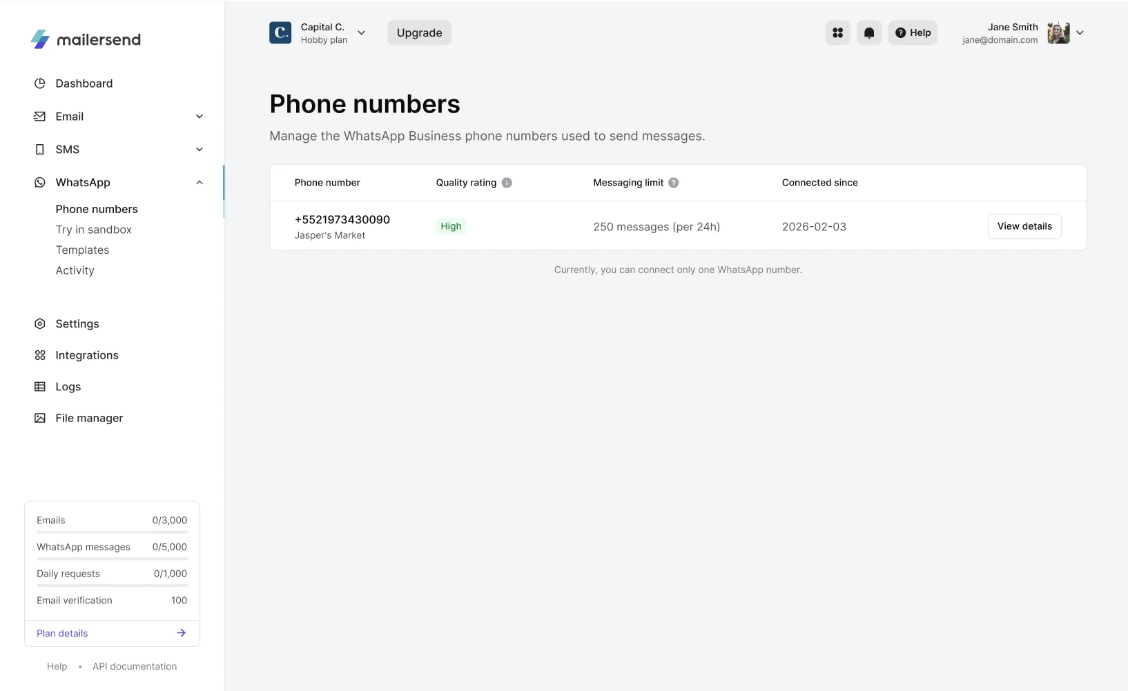 The WhatsApp phone numbers page in MailerSend.