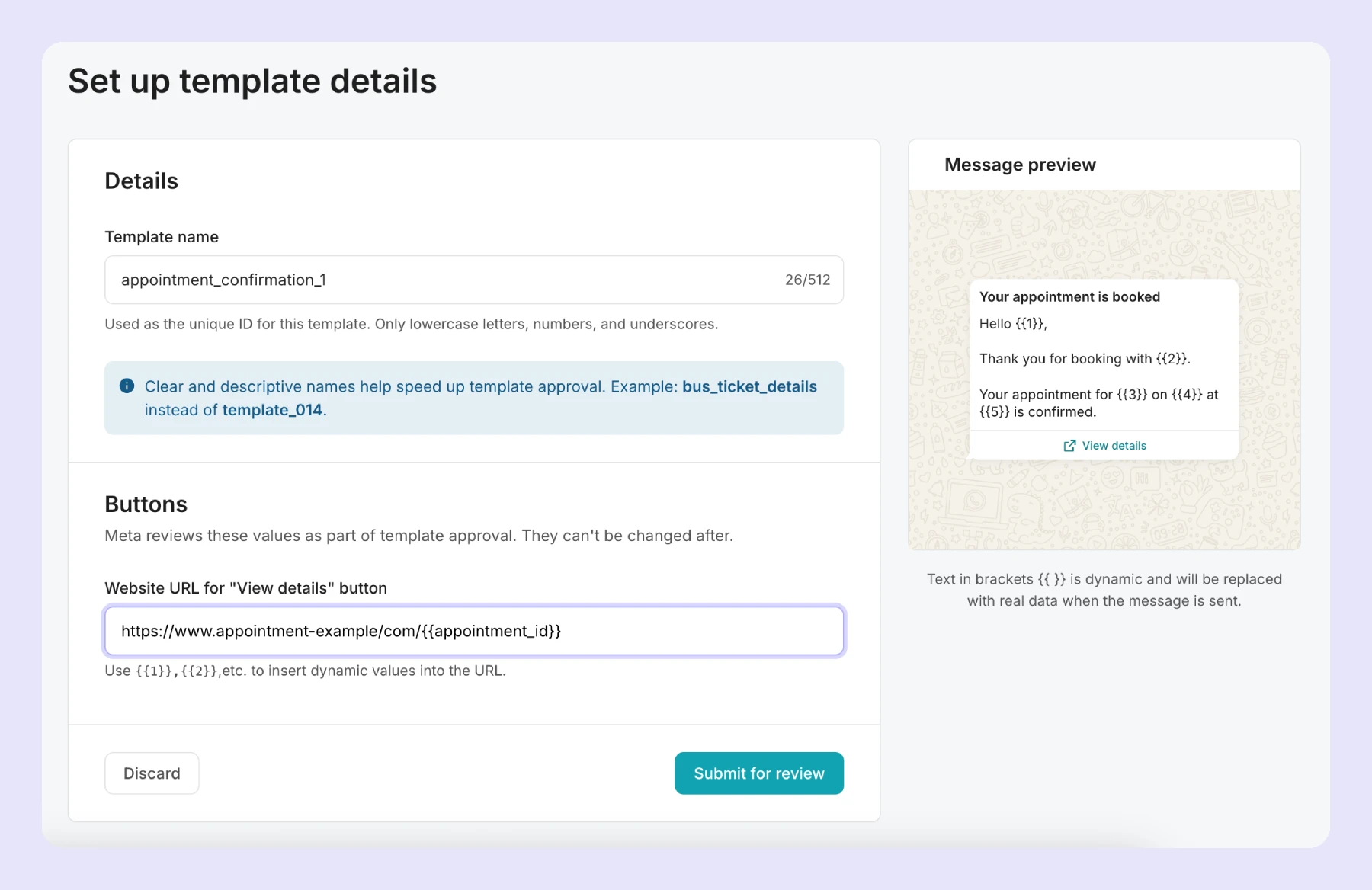 The WhatsApp template details page when creating a new template.