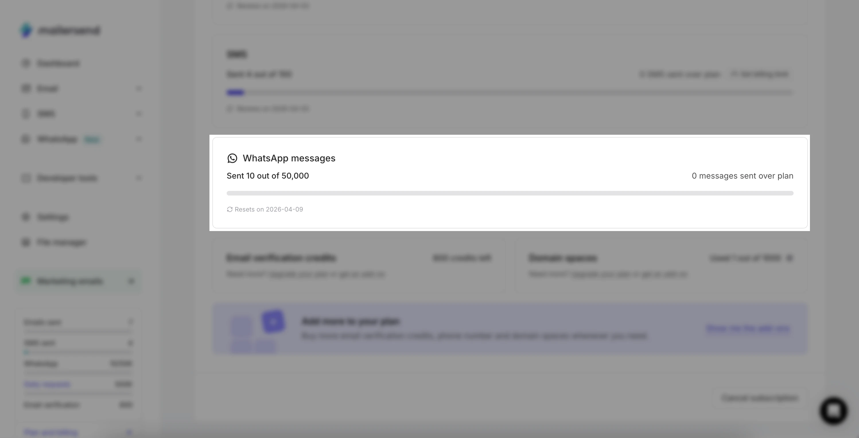 The WhatsApp usage indicator highlighted on the Your plan page. 