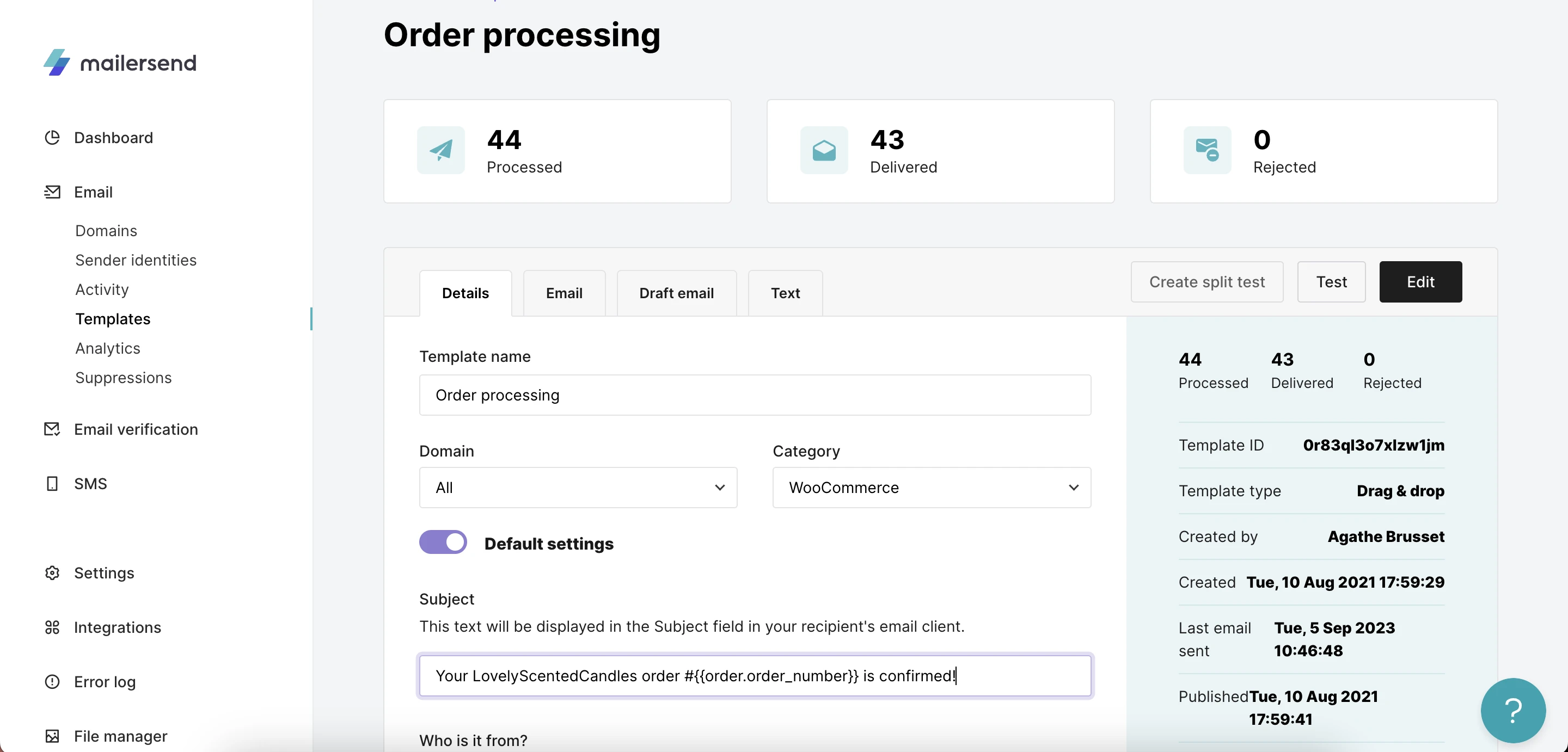 Order processing email template