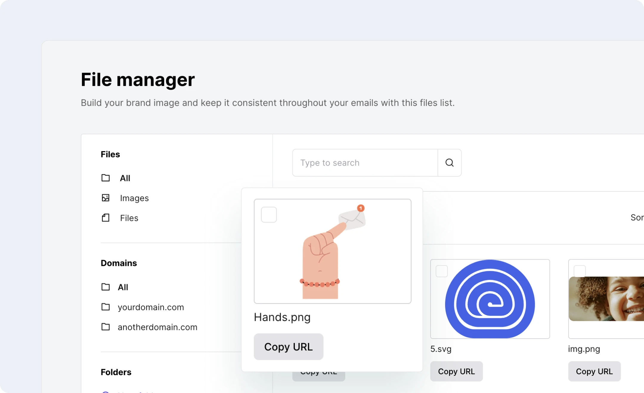 The MailerSend file manager with different types of images.