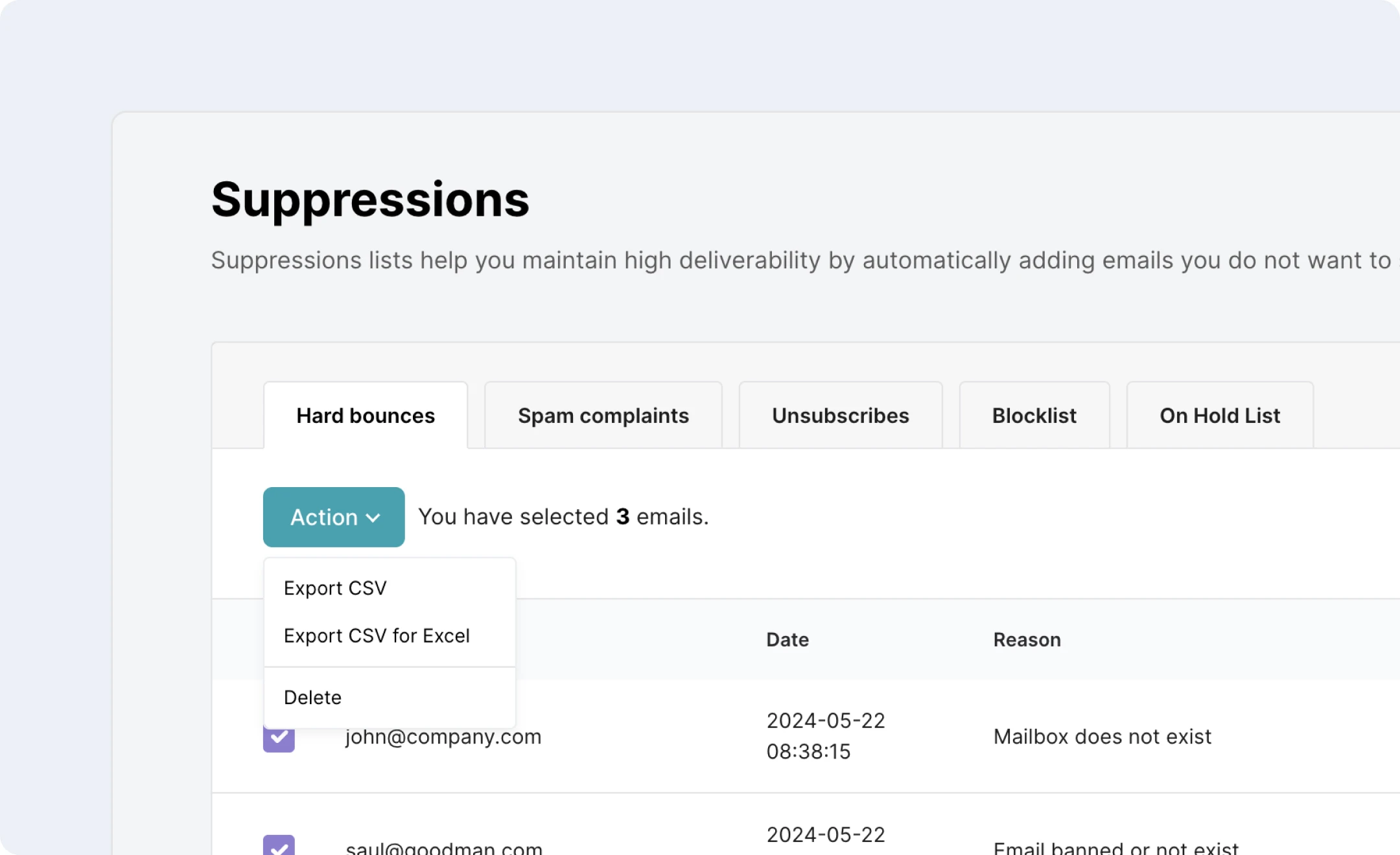 The MailerSend Suppressions lists manager with the hard bounces tab selected.