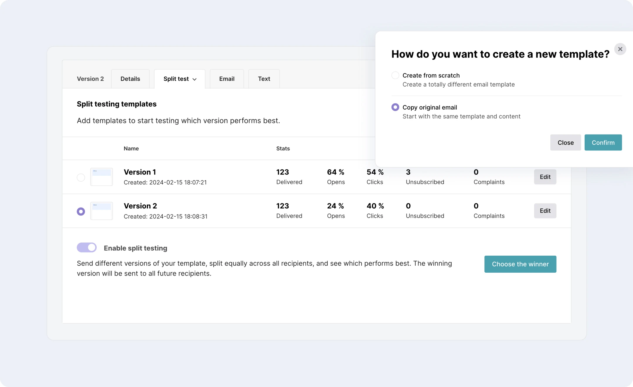 The MailerSend email template split testing feature.