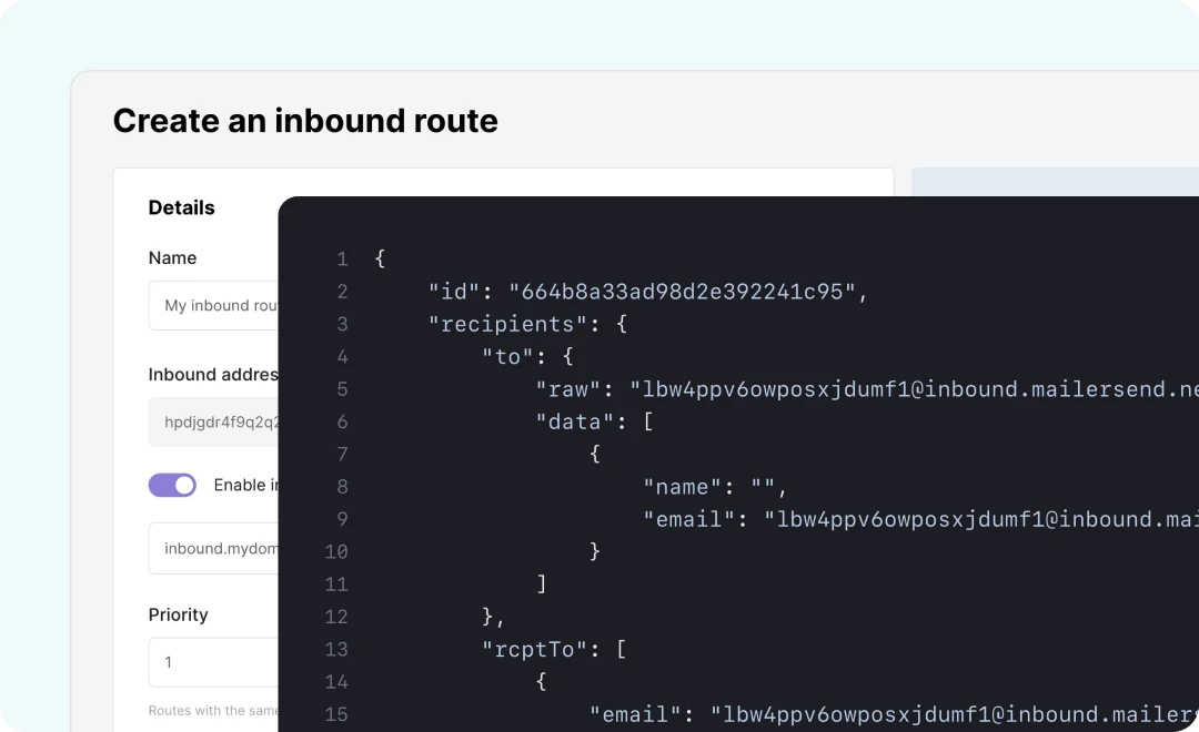 A graphic showing the inbound routing feature in MailerSend and inbound routing code.