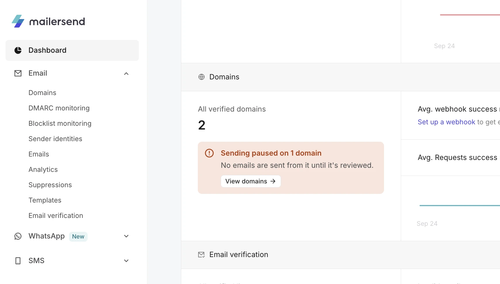 The Domains section of the MailerSend dashboard, showing a Sending paused on 1 domain alert with a View domains button.