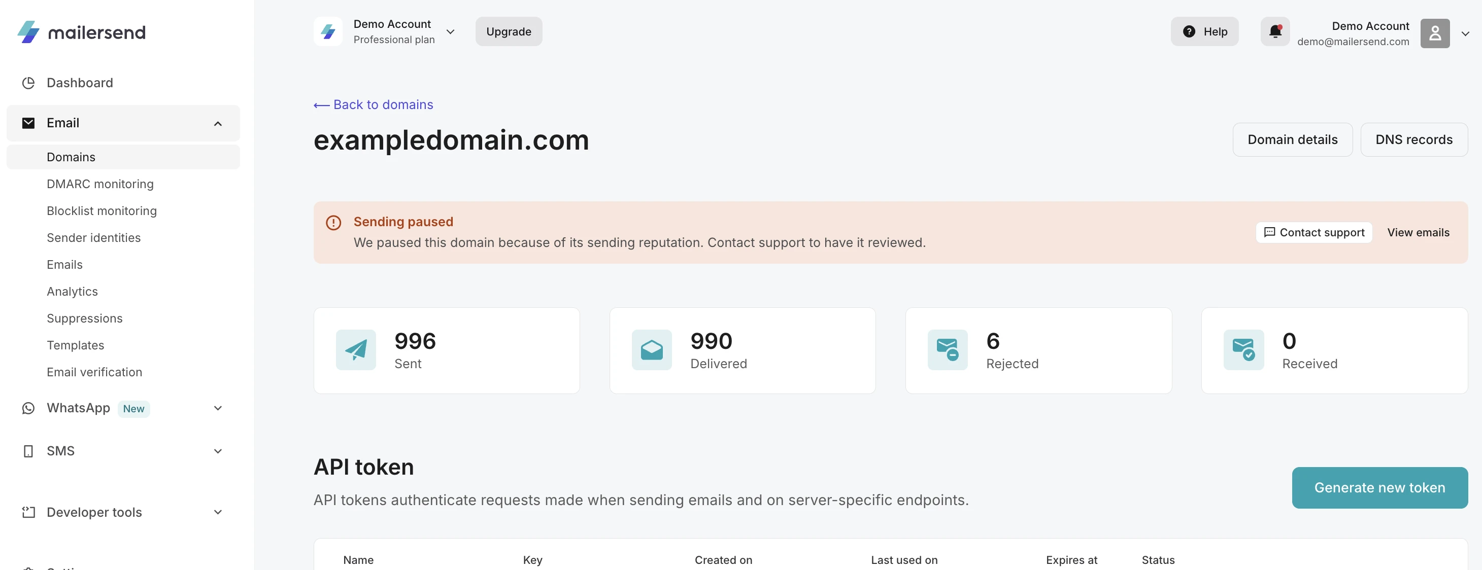 The domain details page in MailerSend, showing a Sending paused alert at the top with Contact support and View emails buttons.