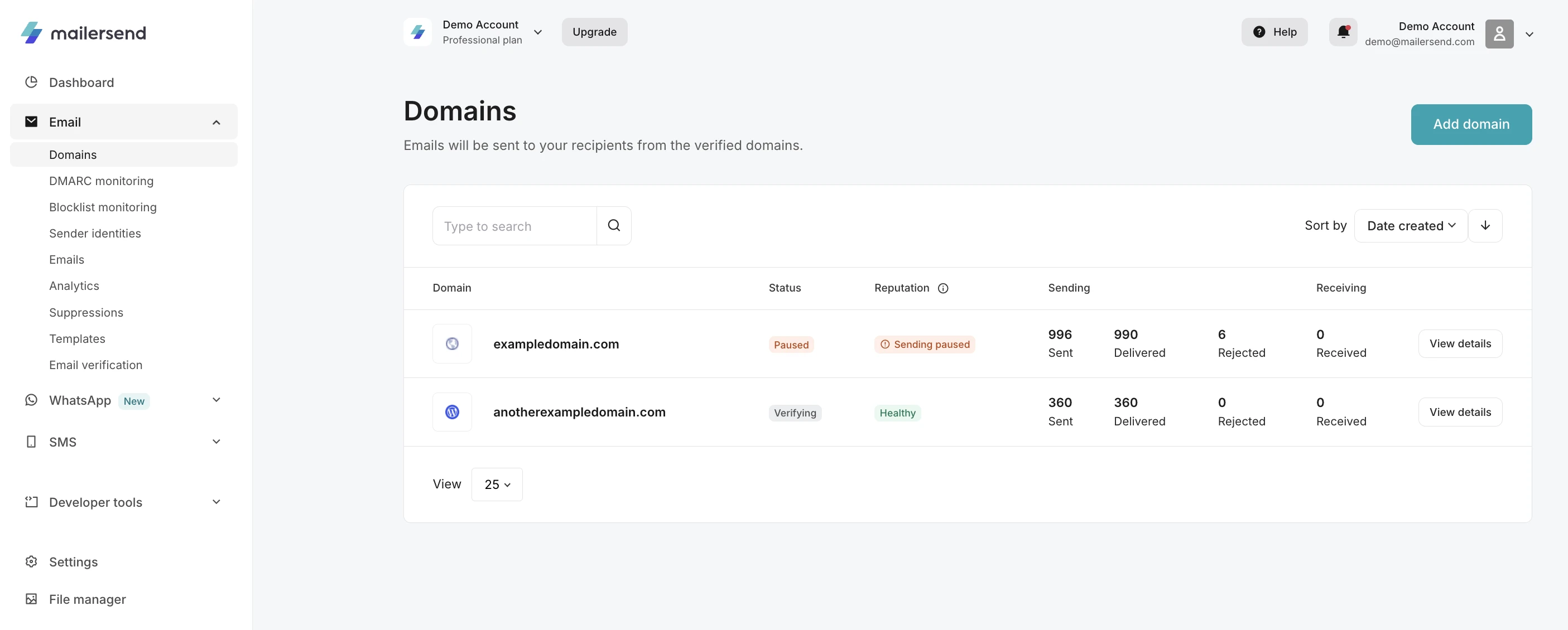 The Domains page in MailerSend, showing the Reputation column with a Sending paused badge on one domain and Healthy on the other.