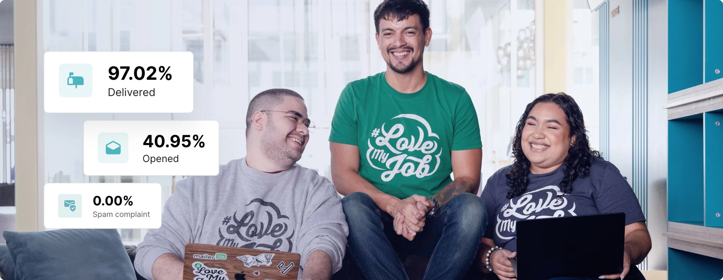 MailerLite team members smiling with graphics showing examples of email delivery metrics.