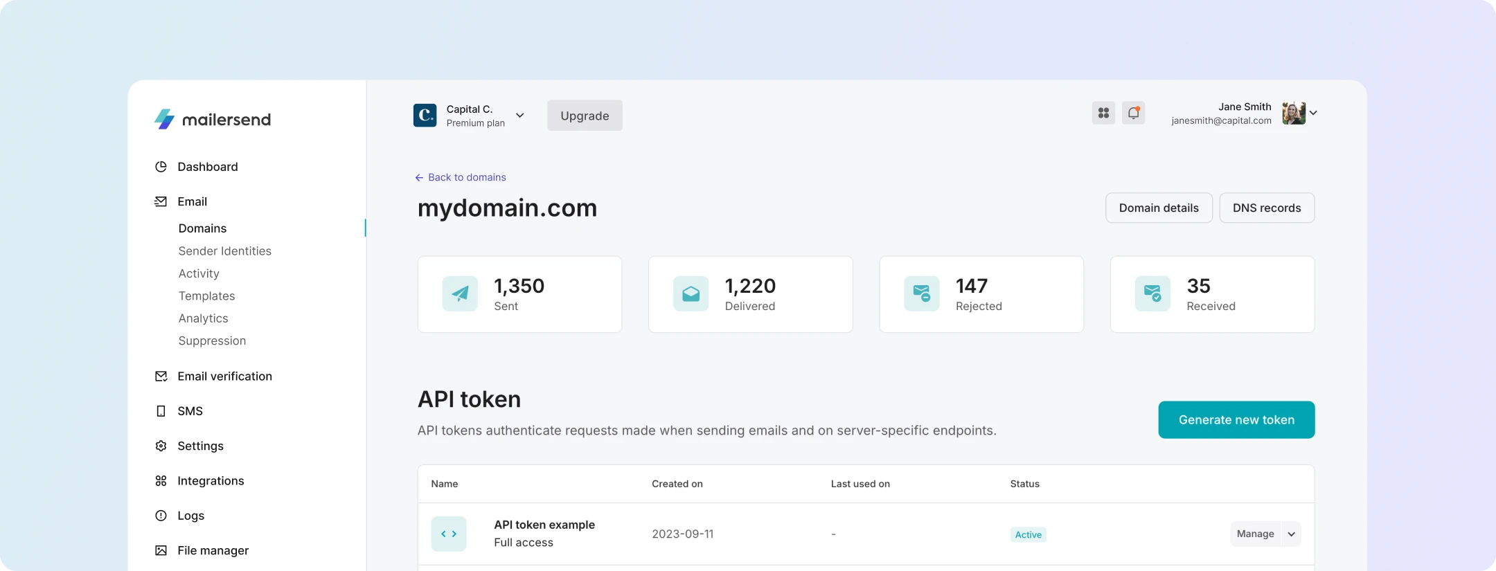 MailerSend's domain page.