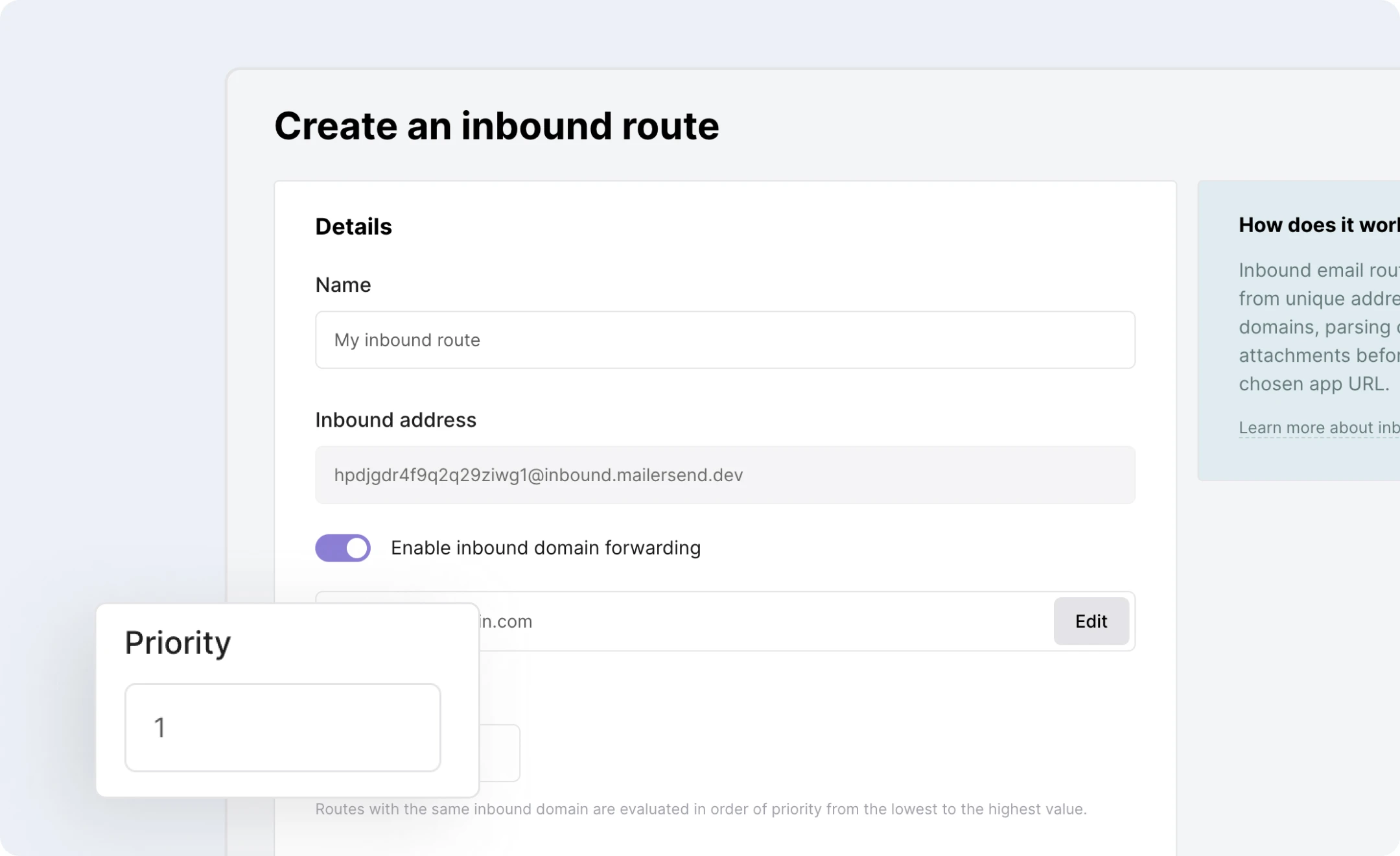 The MailerSend interface for creating an inbound route with priorities.