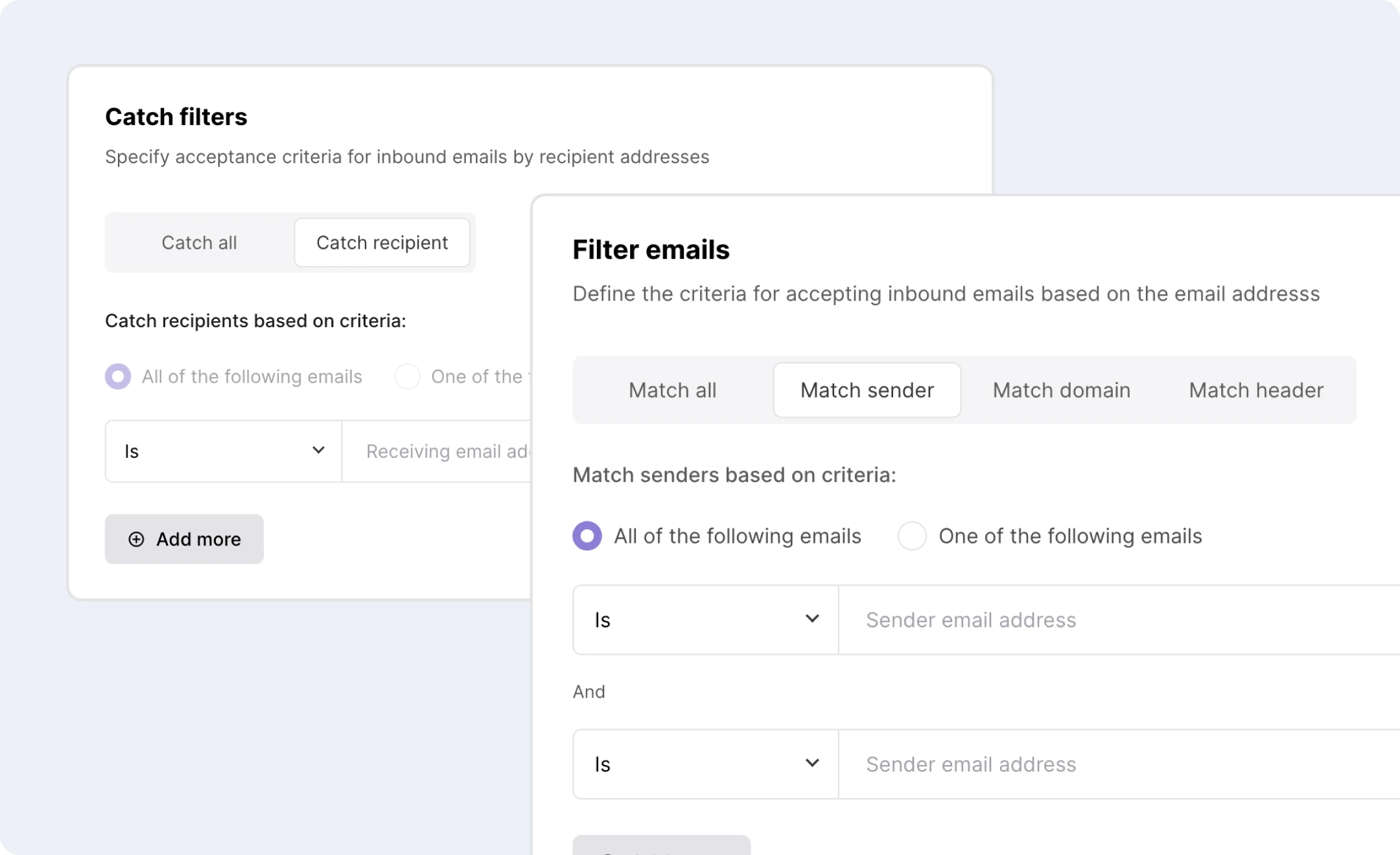 MailerSend options for creating inbound routing filters.
